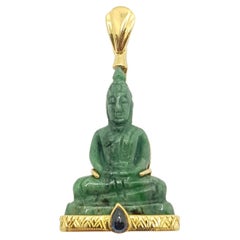 Jade with Cabochon Blue Sapphire Buddha Pendant Set in 18 Karat Gold Setting