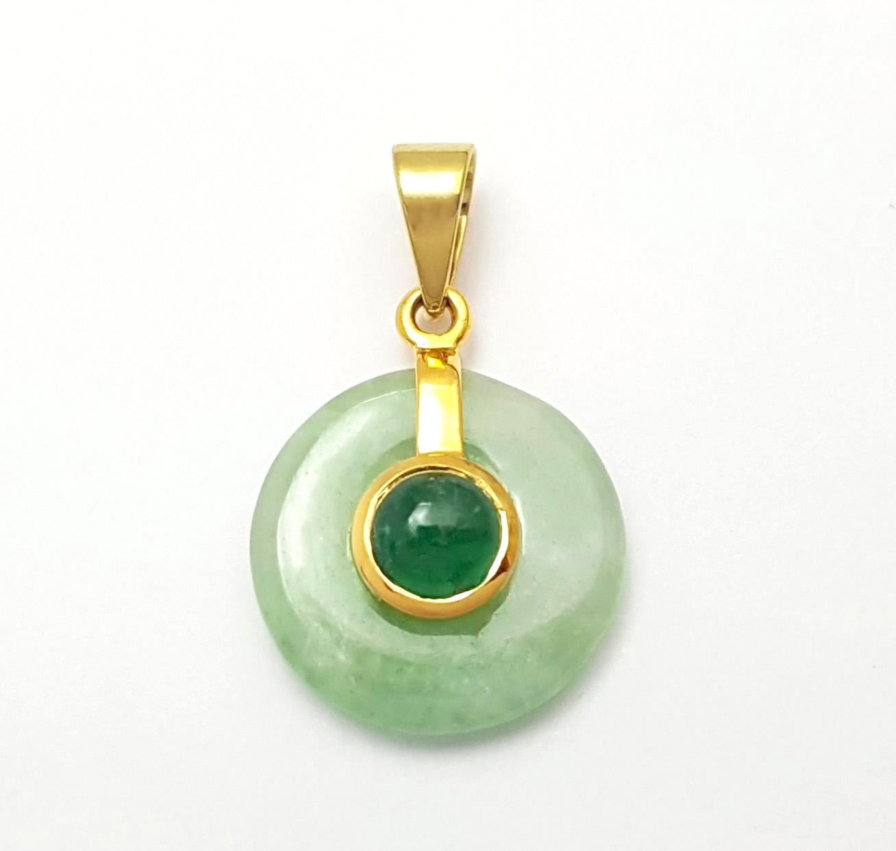 Contemporary Jade with Cabochon Emerald Pendant set in 14K Gold Settings For Sale