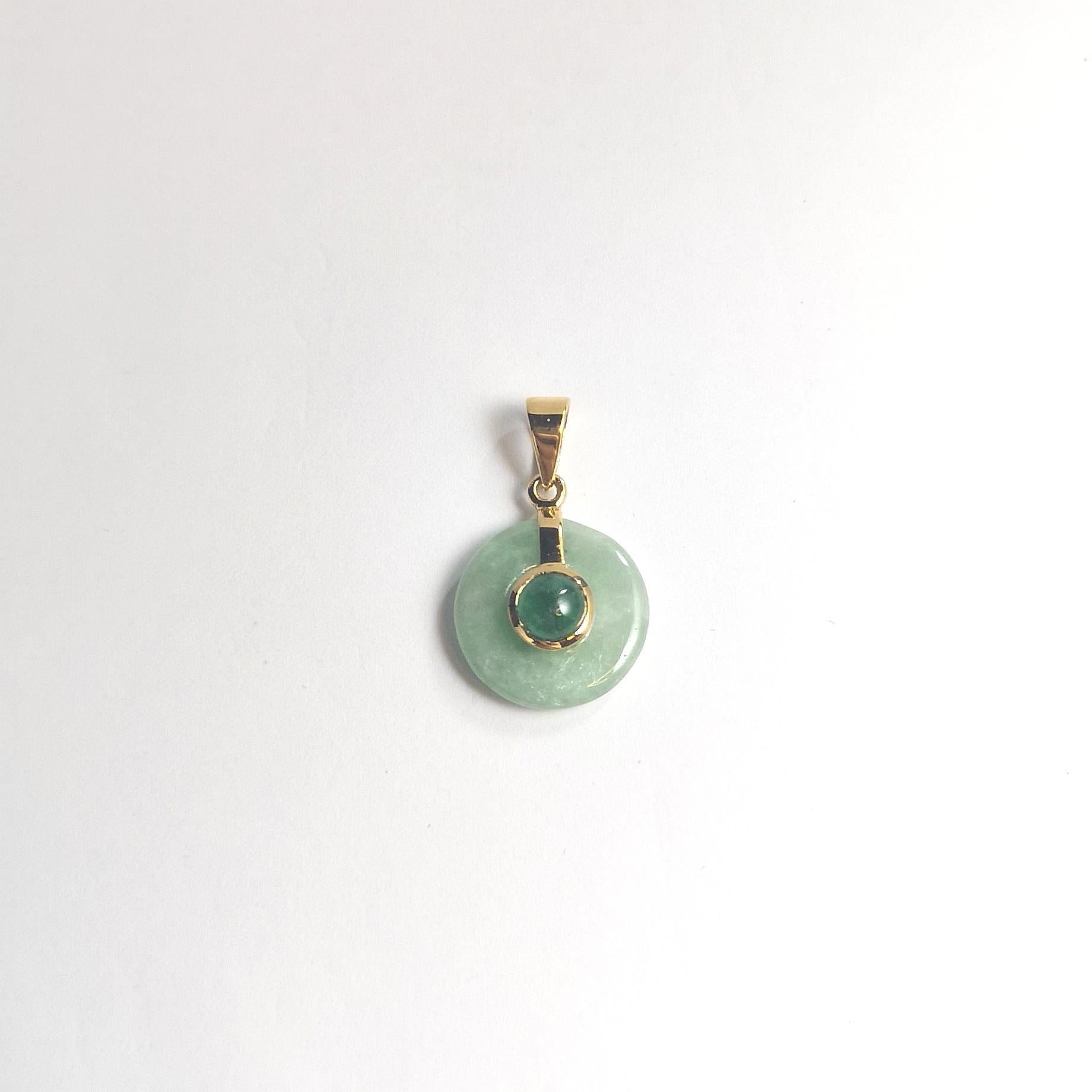 Women's or Men's Jade with Cabochon Emerald Pendant set in 14K Gold Settings For Sale