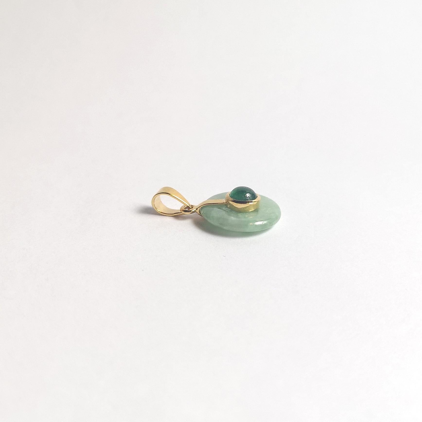 Jade with Cabochon Emerald Pendant set in 14K Gold Settings For Sale 1