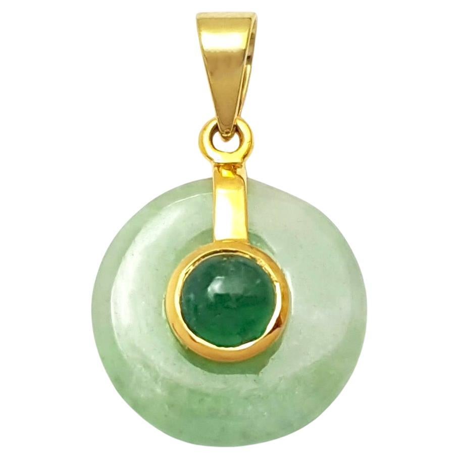 Jade with Cabochon Emerald Pendant set in 14K Gold Settings For Sale