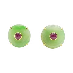 Jade with Cabochon Ruby Earrings Set in 18 Karat Gold Settings