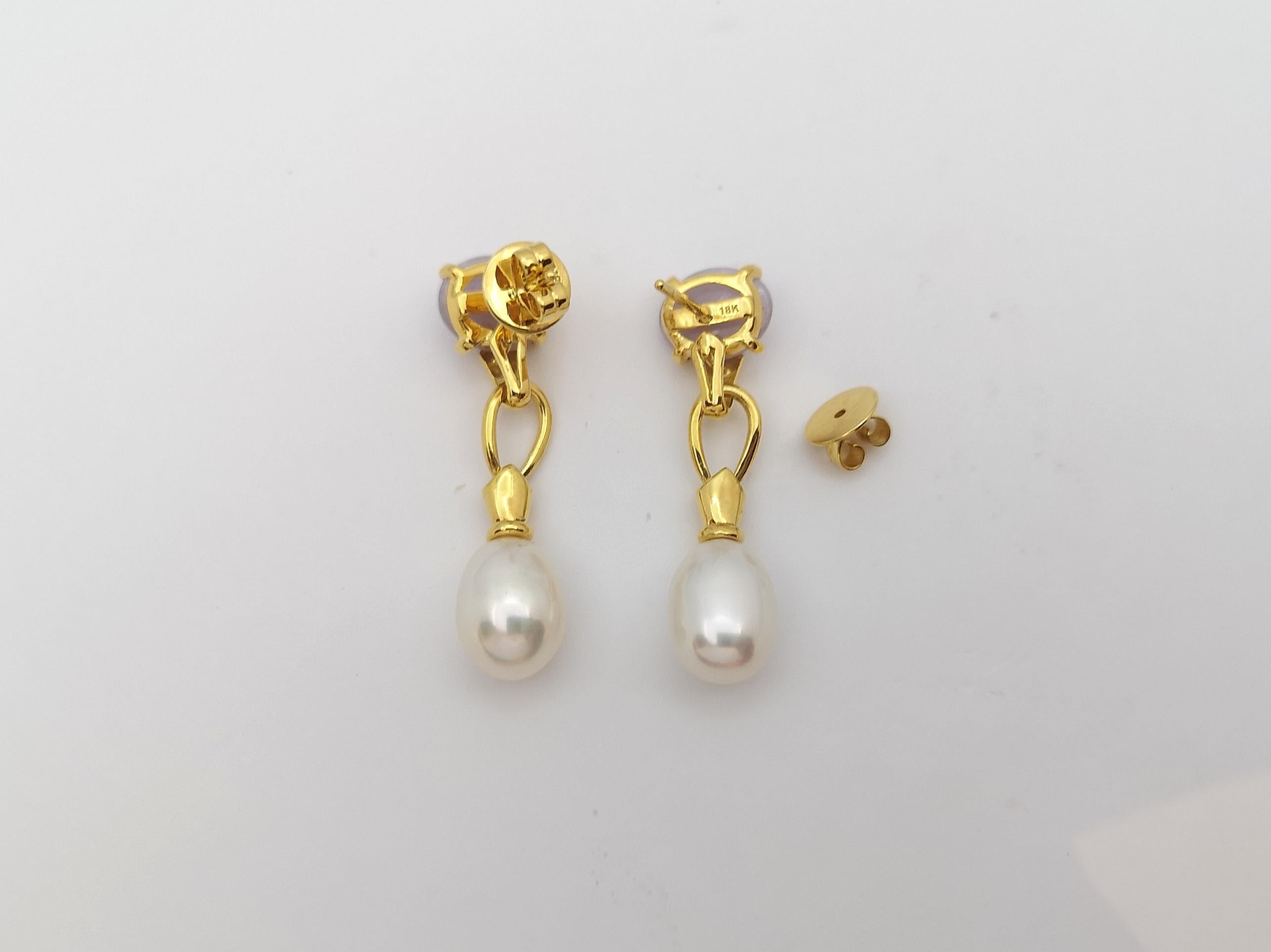 Women's Jade with Diamond and Fresh Water Pearl Earrings Set in 18 Karat Gold Settings For Sale