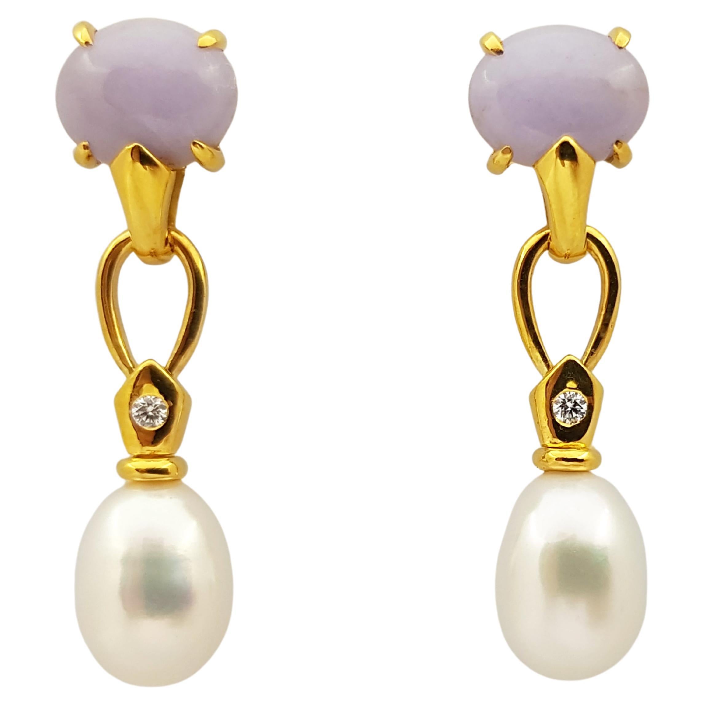 Jade with Diamond and Fresh Water Pearl Earrings Set in 18 Karat Gold Settings For Sale