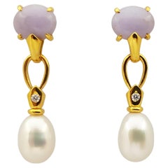 Jade with Diamond and Fresh Water Pearl Earrings Set in 18 Karat Gold Settings