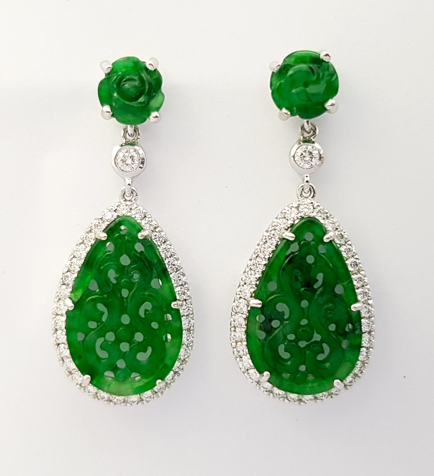Contemporary Jade with Diamond Earrings set in 18K White Gold Settings For Sale