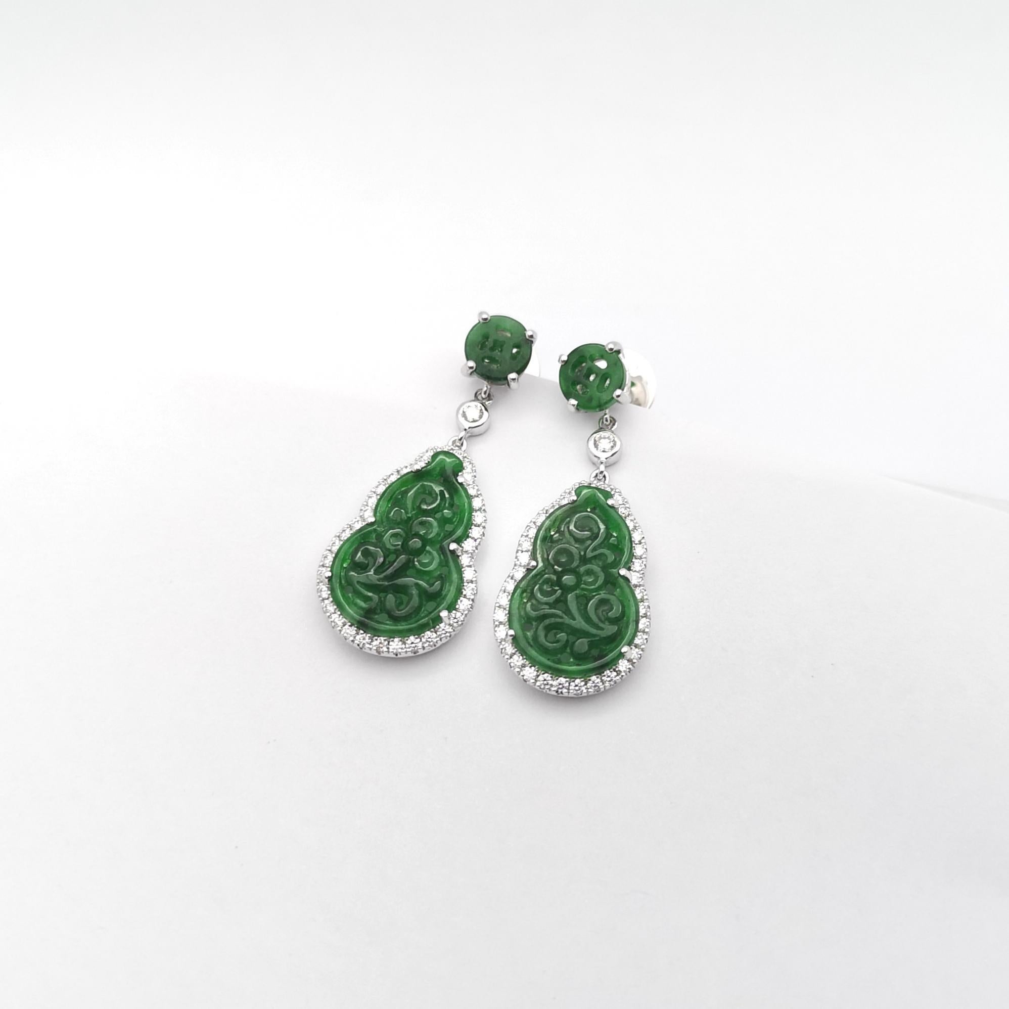 Mixed Cut Jade with Diamond Earrings set in 18K White Gold Settings For Sale
