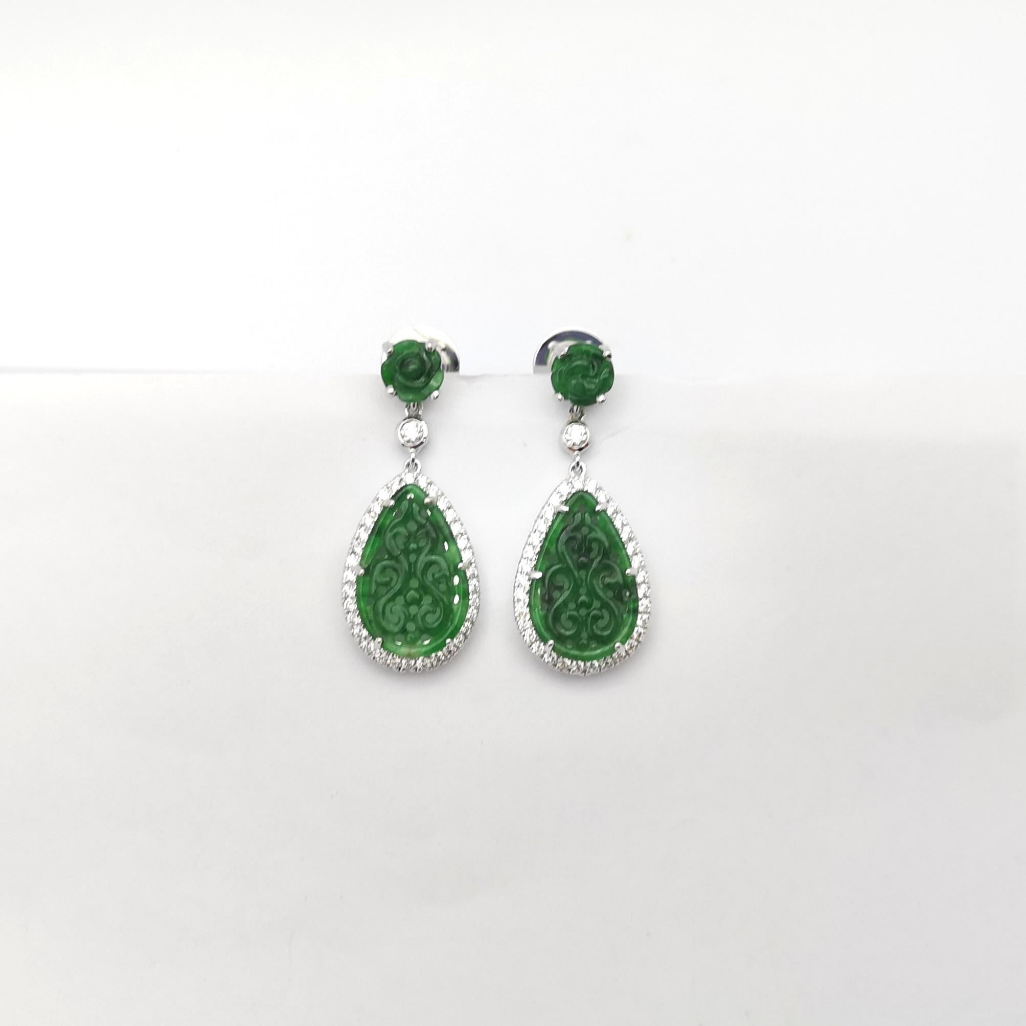 Mixed Cut Jade with Diamond Earrings set in 18K White Gold Settings For Sale