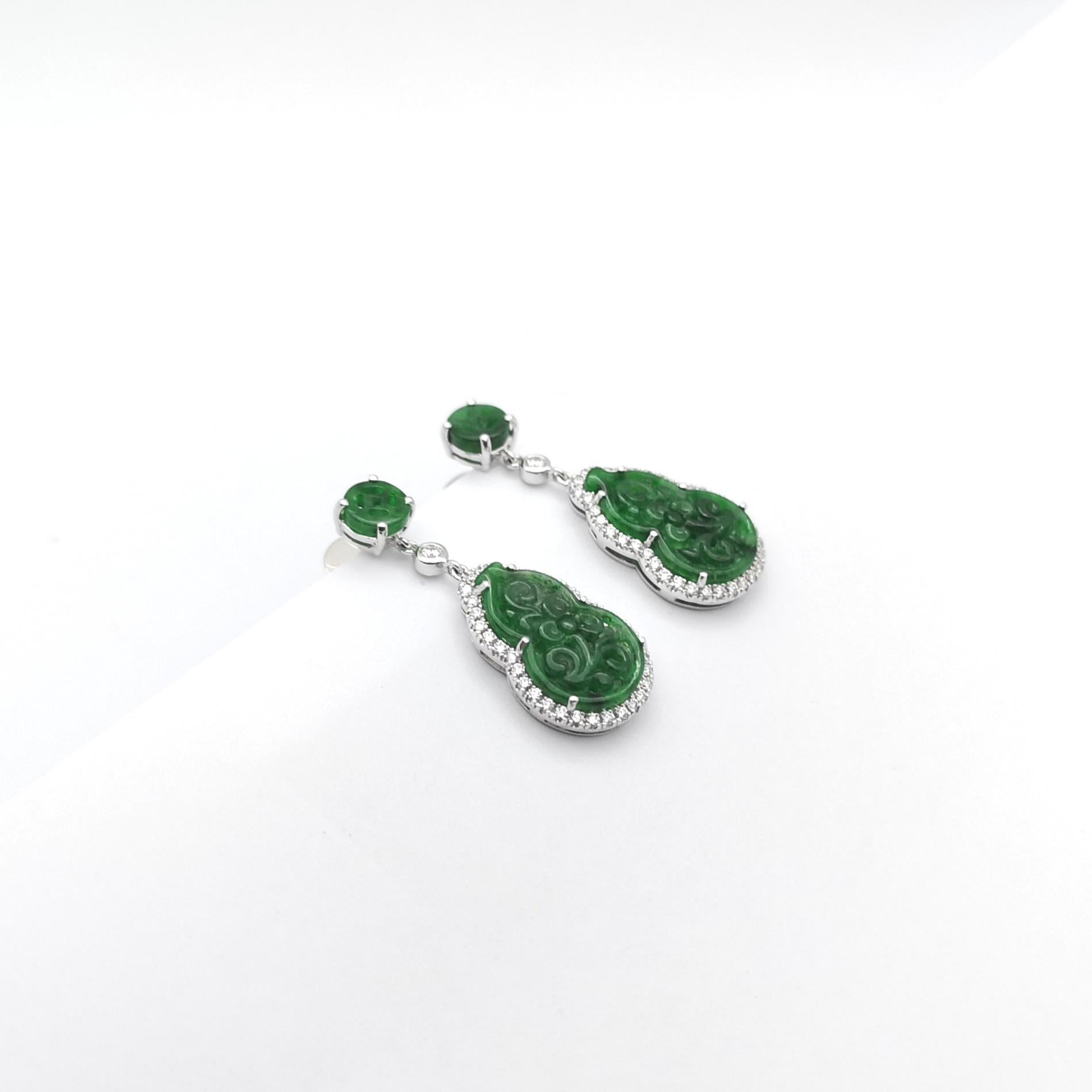 Women's Jade with Diamond Earrings set in 18K White Gold Settings For Sale