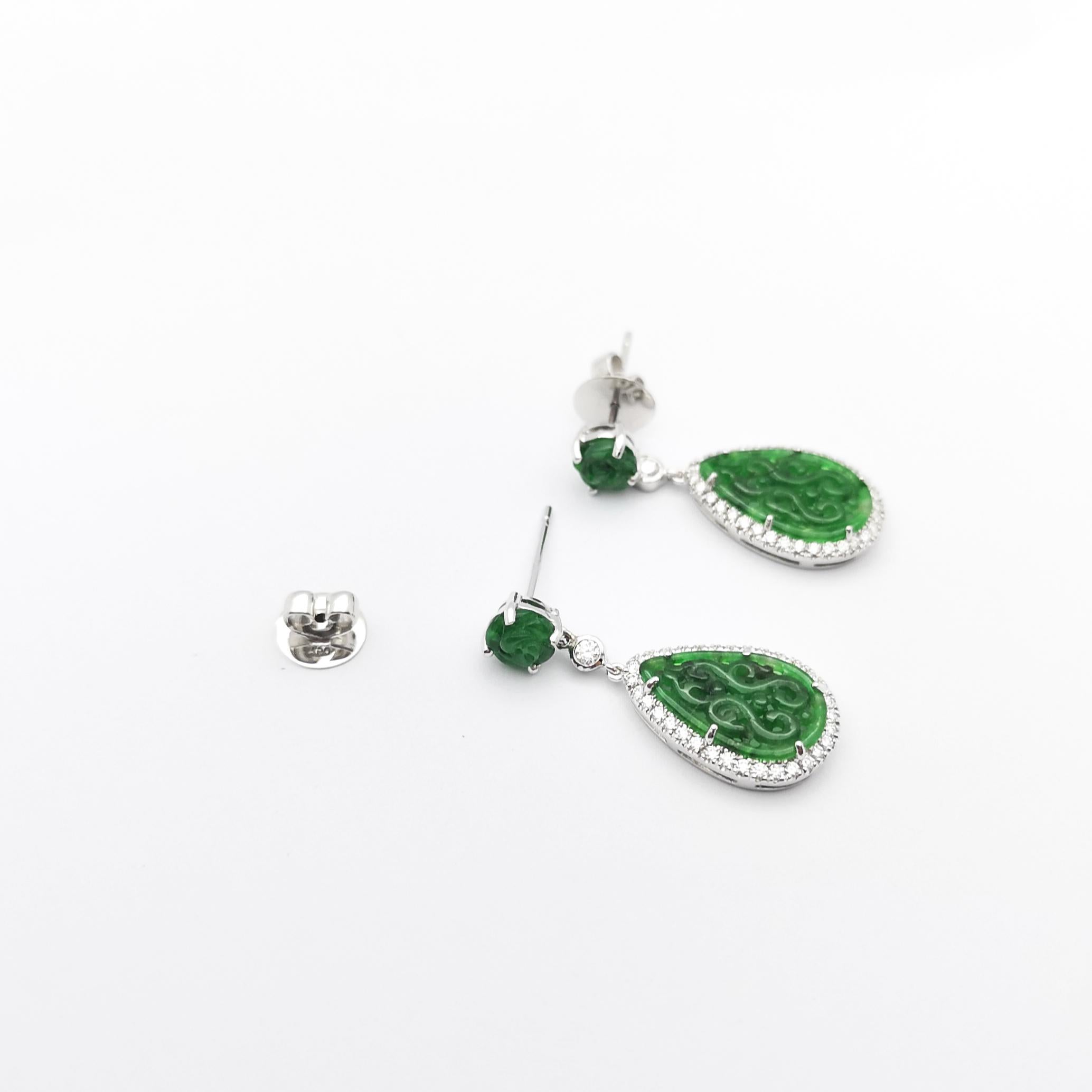 Women's Jade with Diamond Earrings set in 18K White Gold Settings For Sale