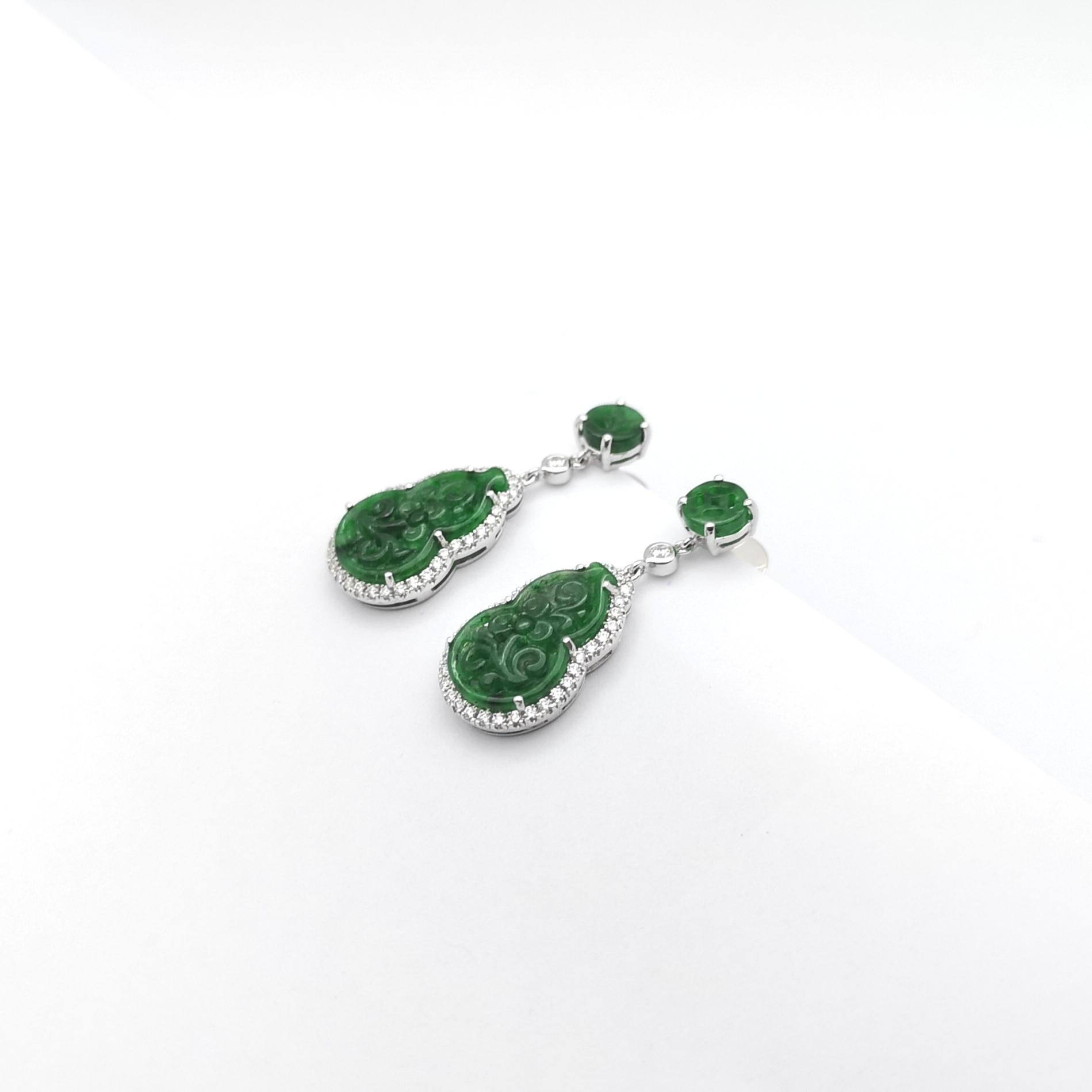 Jade with Diamond Earrings set in 18K White Gold Settings For Sale 1