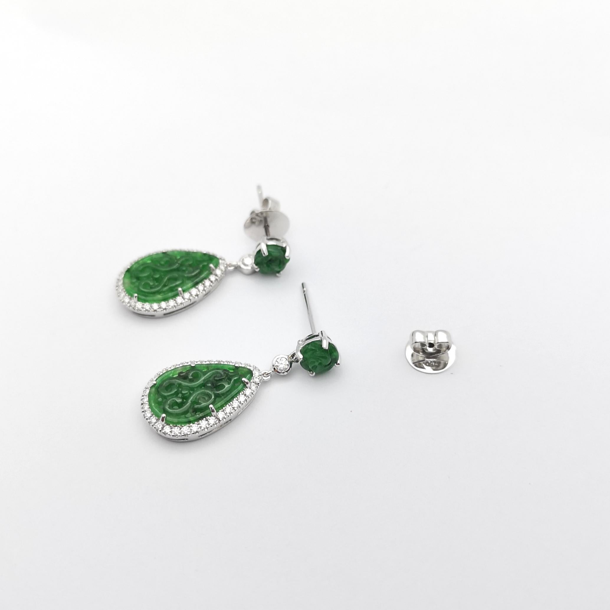 Jade with Diamond Earrings set in 18K White Gold Settings For Sale 1