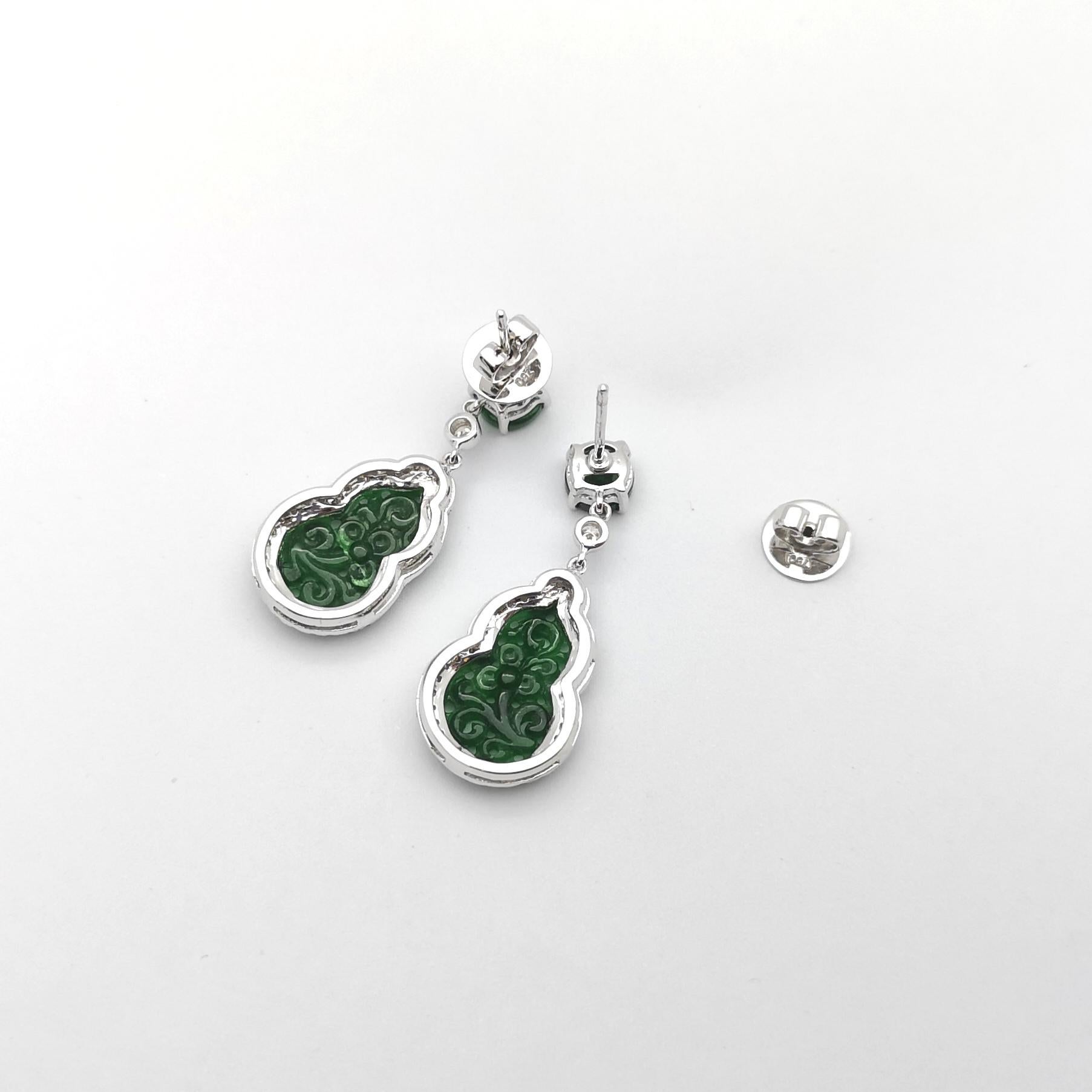 Jade with Diamond Earrings set in 18K White Gold Settings For Sale 2