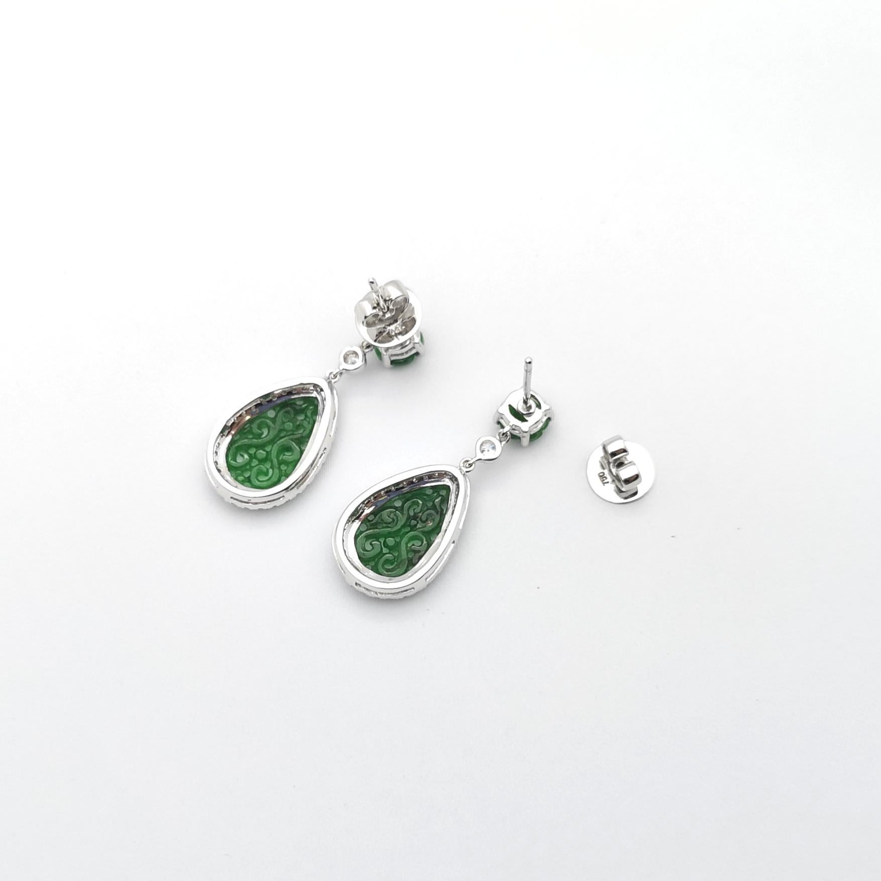 Jade with Diamond Earrings set in 18K White Gold Settings For Sale 2