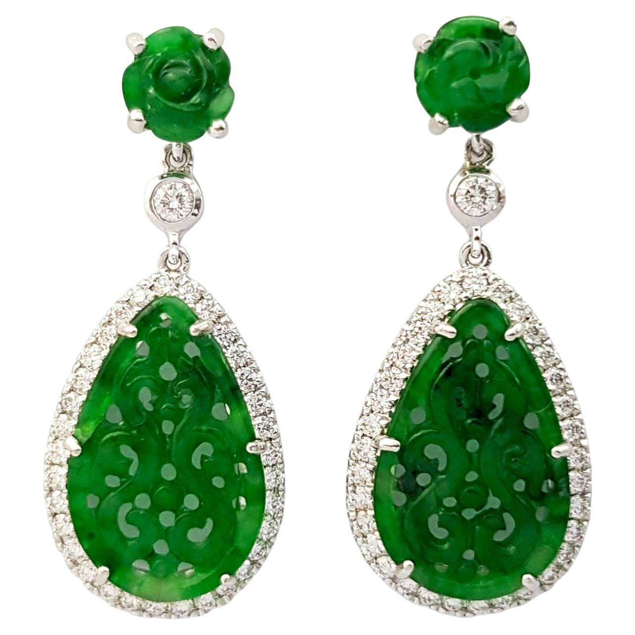 Jade with Diamond Earrings set in 18K White Gold Settings