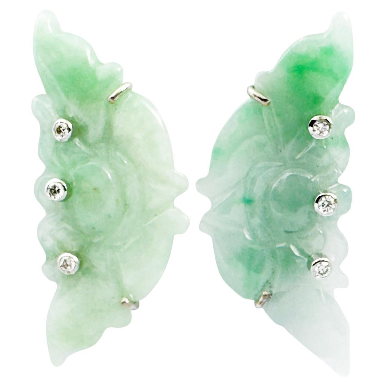 Jade with Diamond Earrings set in 18K White Gold Settings For Sale