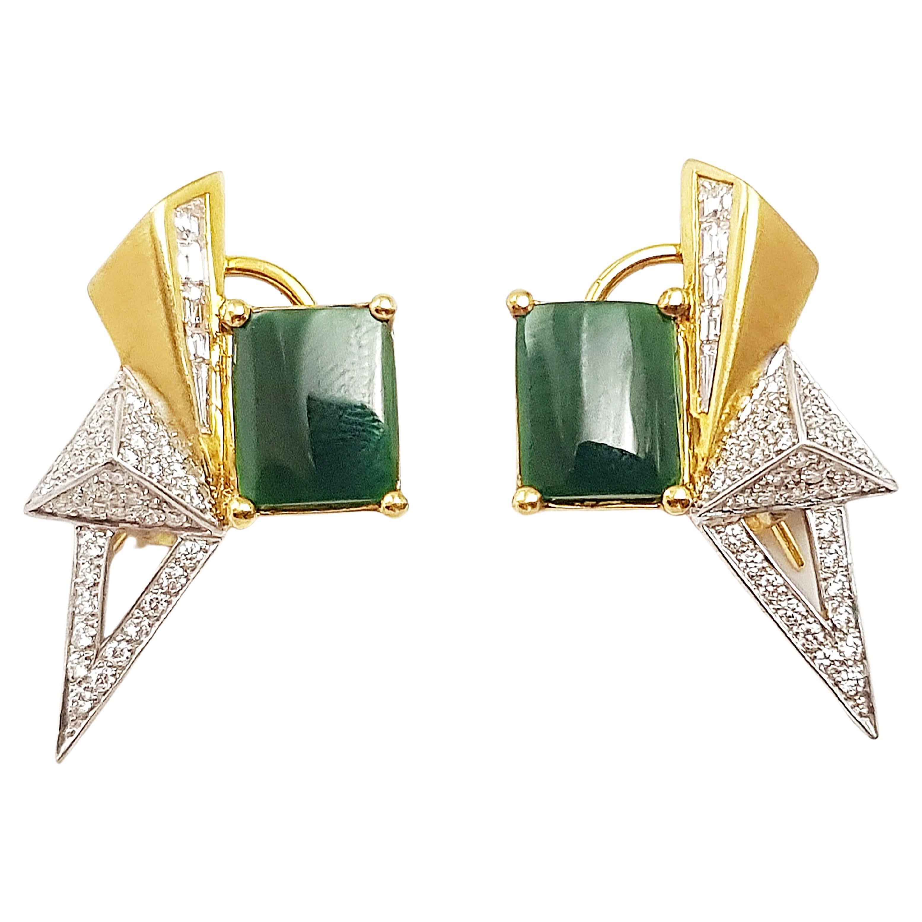 Jade with Diamond Origami Earrings Set in 18 Karat Gold For Sale