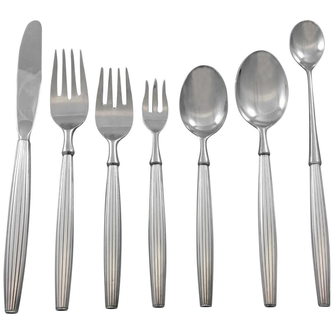 Jade with Lines by Contempra House Sterling Silver Flatware Set Service 55 Pcs For Sale