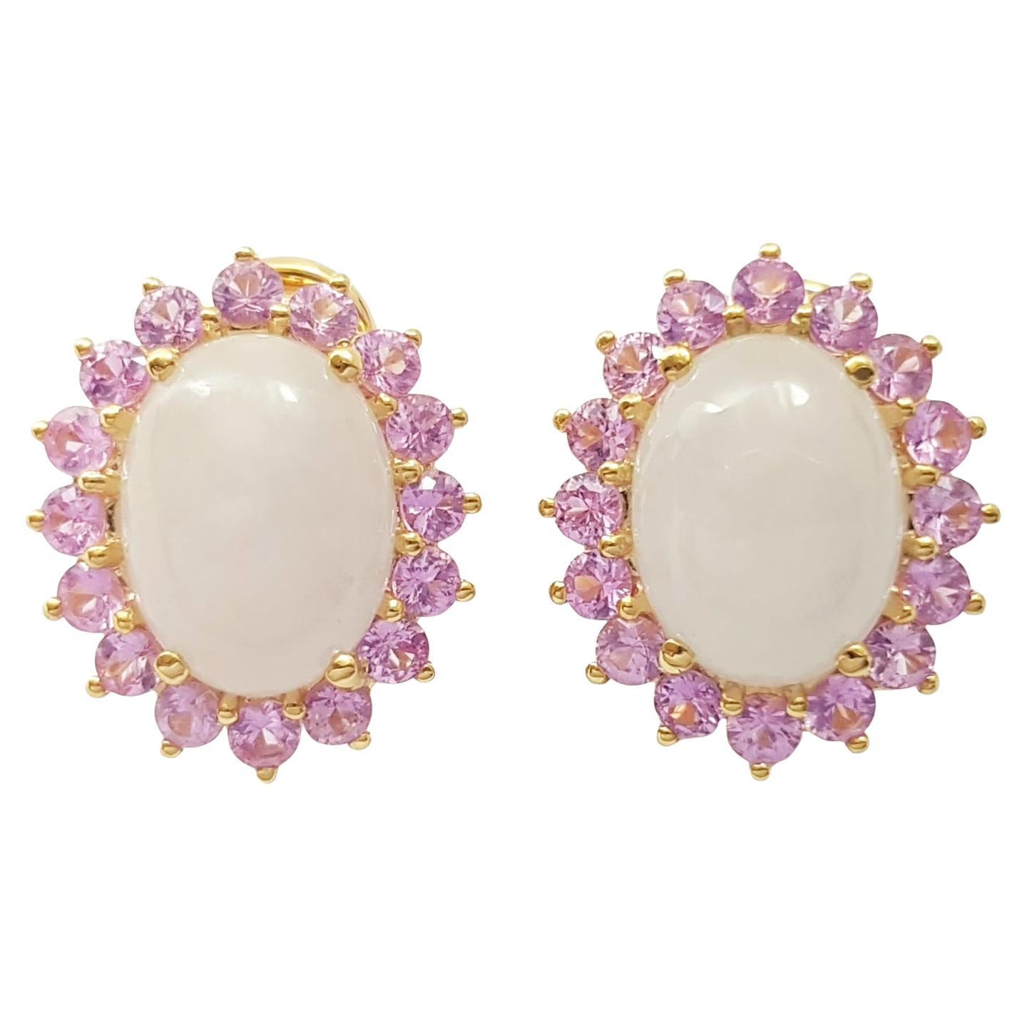 Jade with Pink Sapphire Earrings set in 14K Gold Settings