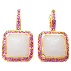 Jade with Pink Sapphire Earrings set in 18K Gold Settings