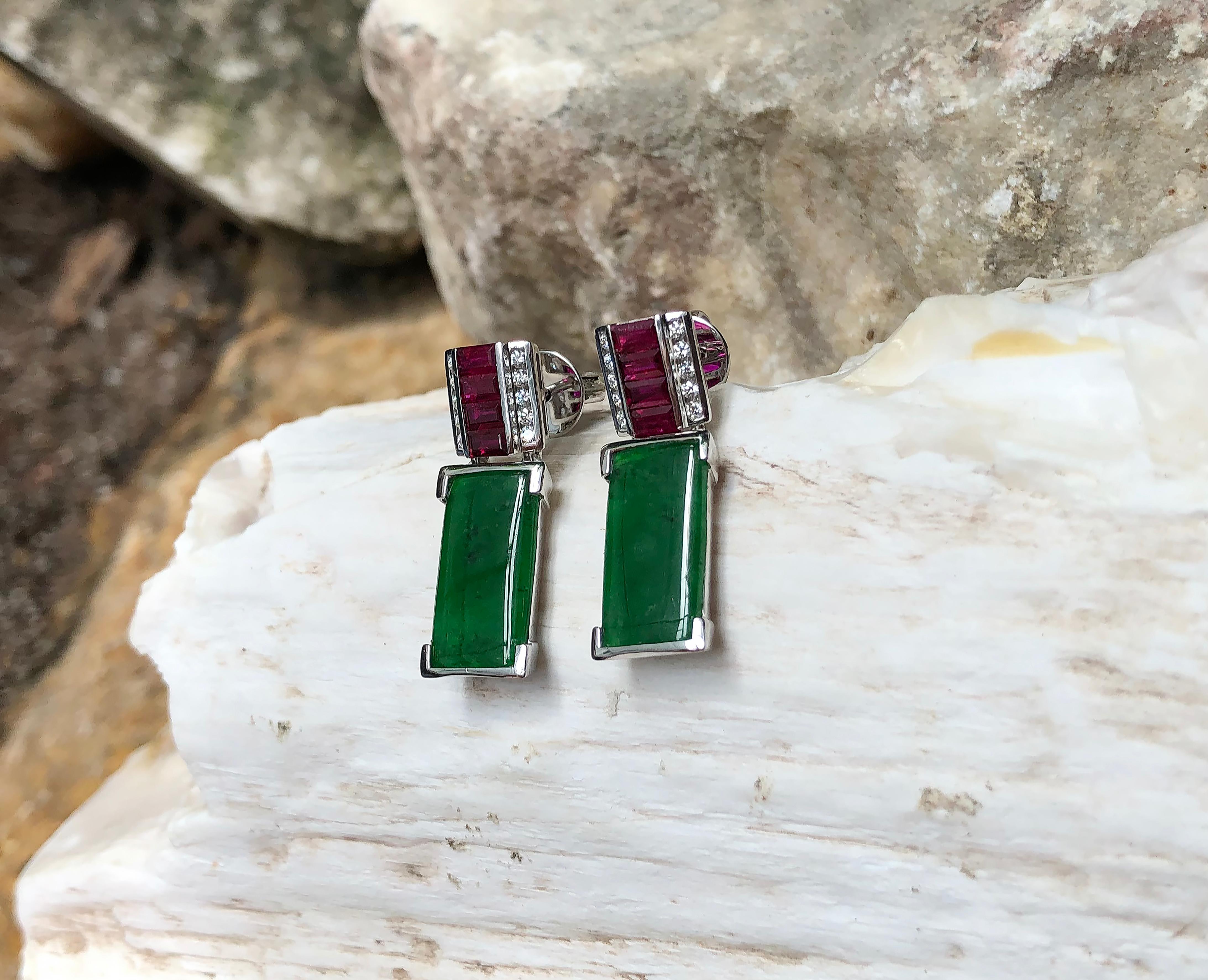 Women's or Men's Jade with Ruby and Diamond Earrings set in 18 Karat White Gold Settings For Sale