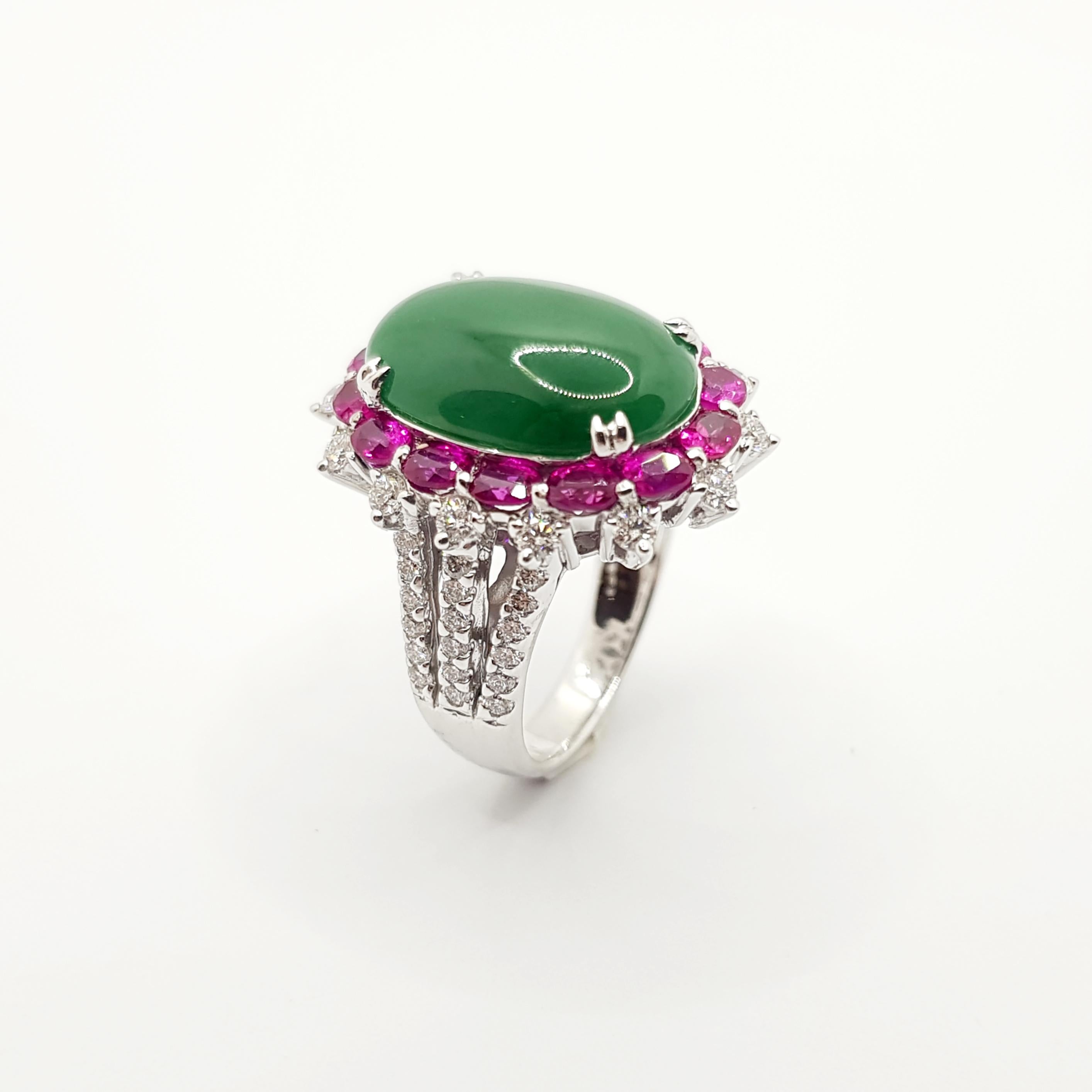 Jade with Ruby and Diamond Ring Set in 18 Karat White Gold Settings For Sale 1