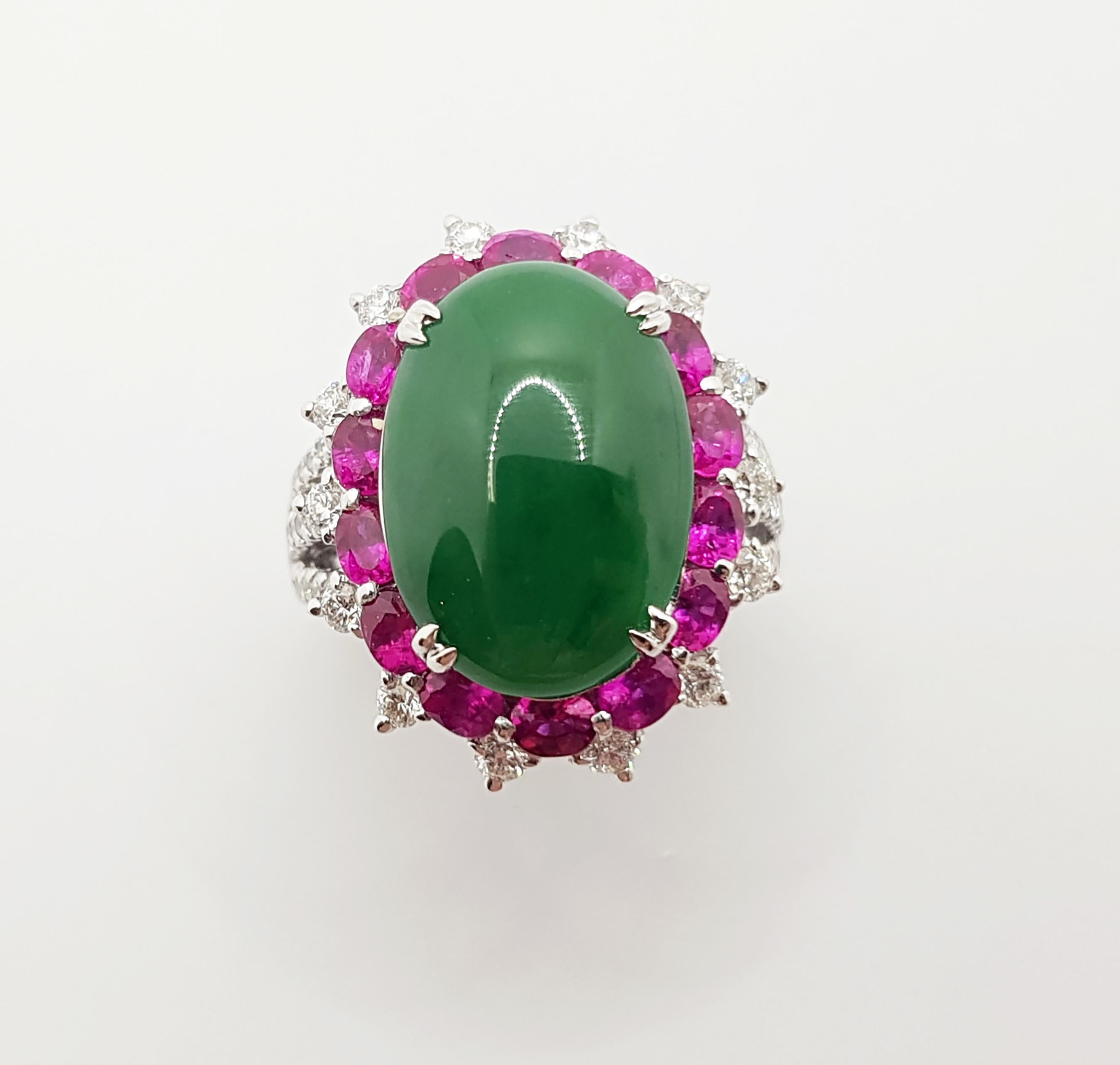 Jade with Ruby and Diamond Ring Set in 18 Karat White Gold Settings For Sale 2