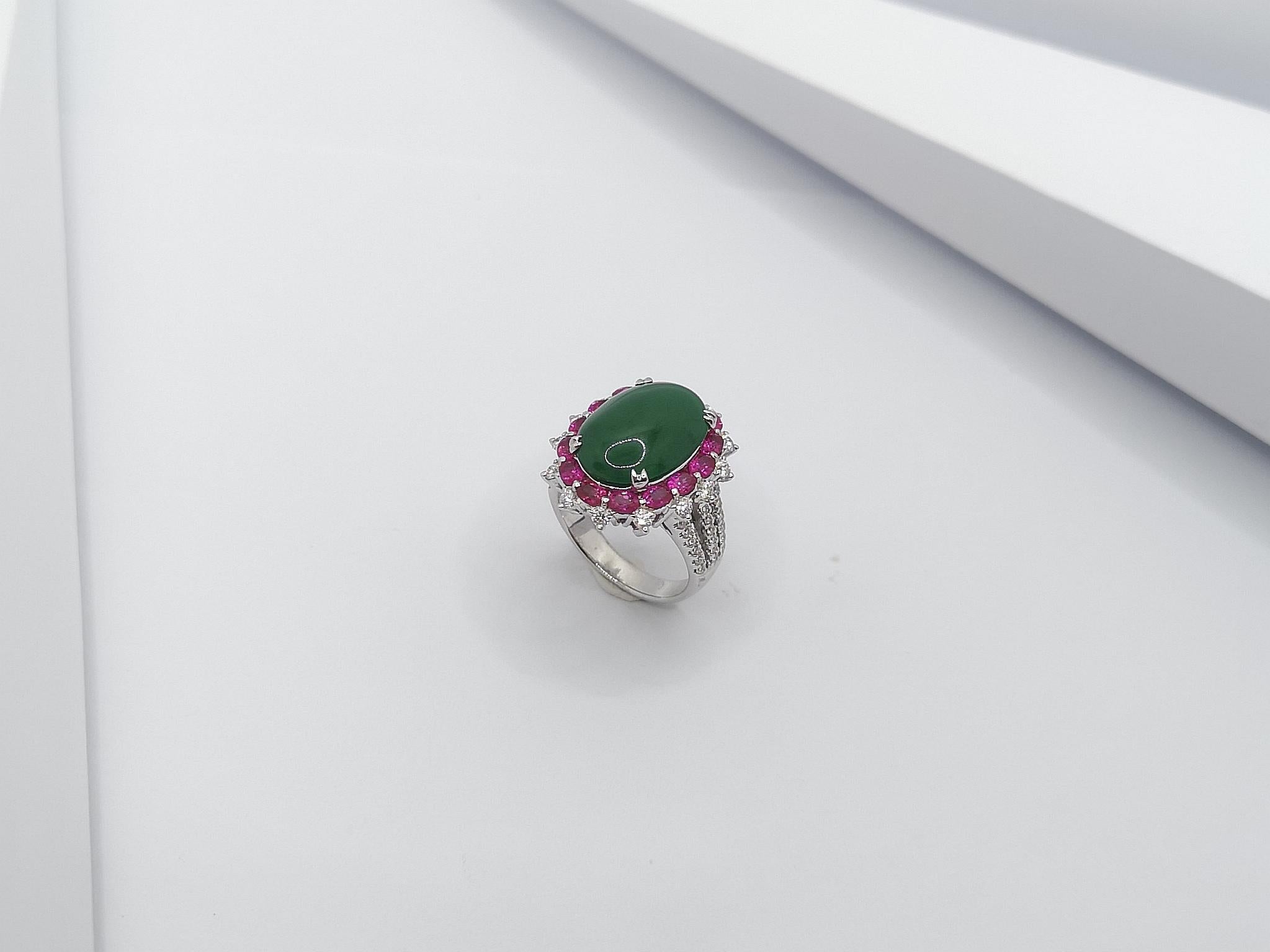 Jade with Ruby and Diamond Ring Set in 18 Karat White Gold Settings For Sale 3