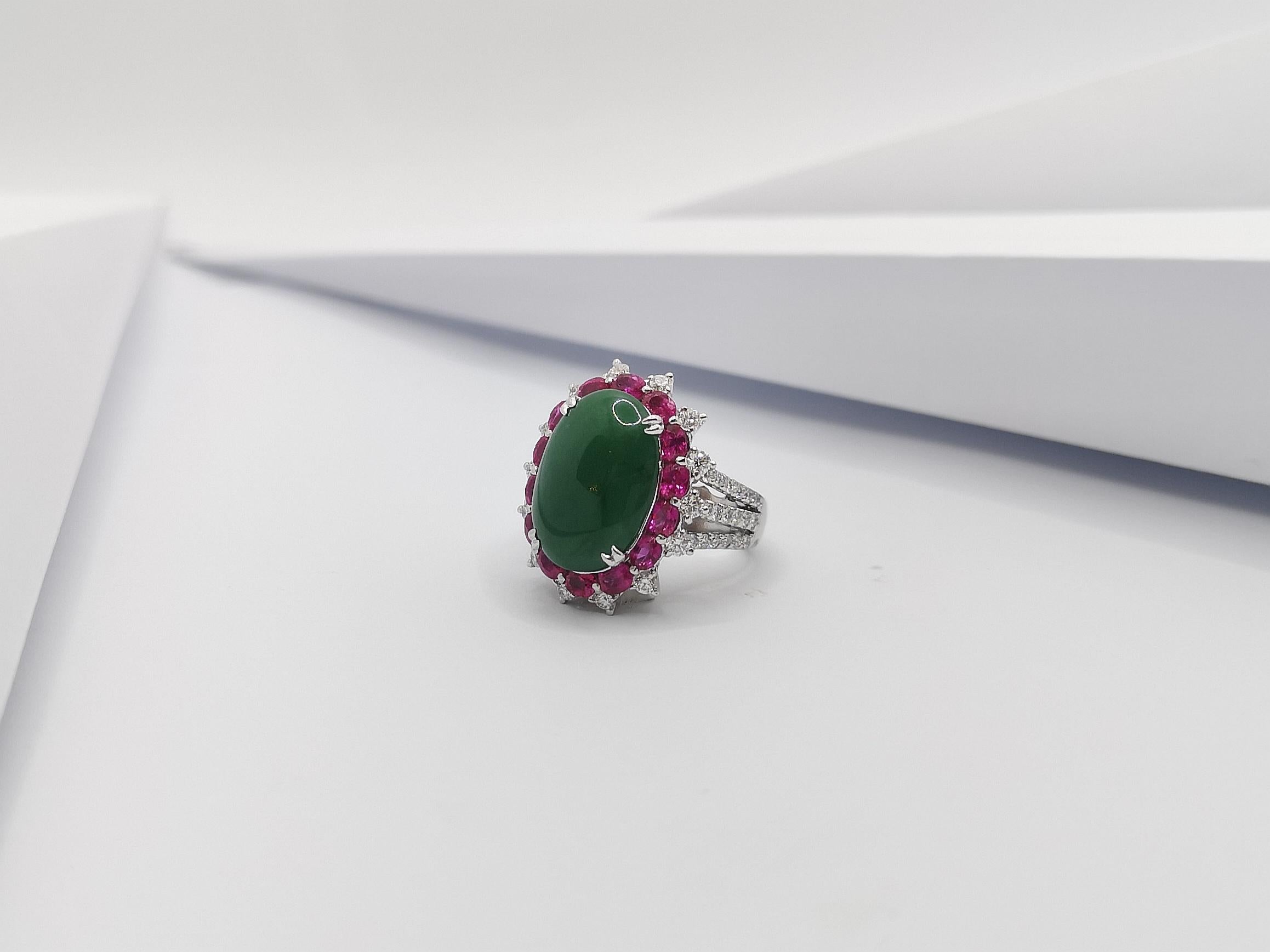 Jade with Ruby and Diamond Ring Set in 18 Karat White Gold Settings For Sale 4