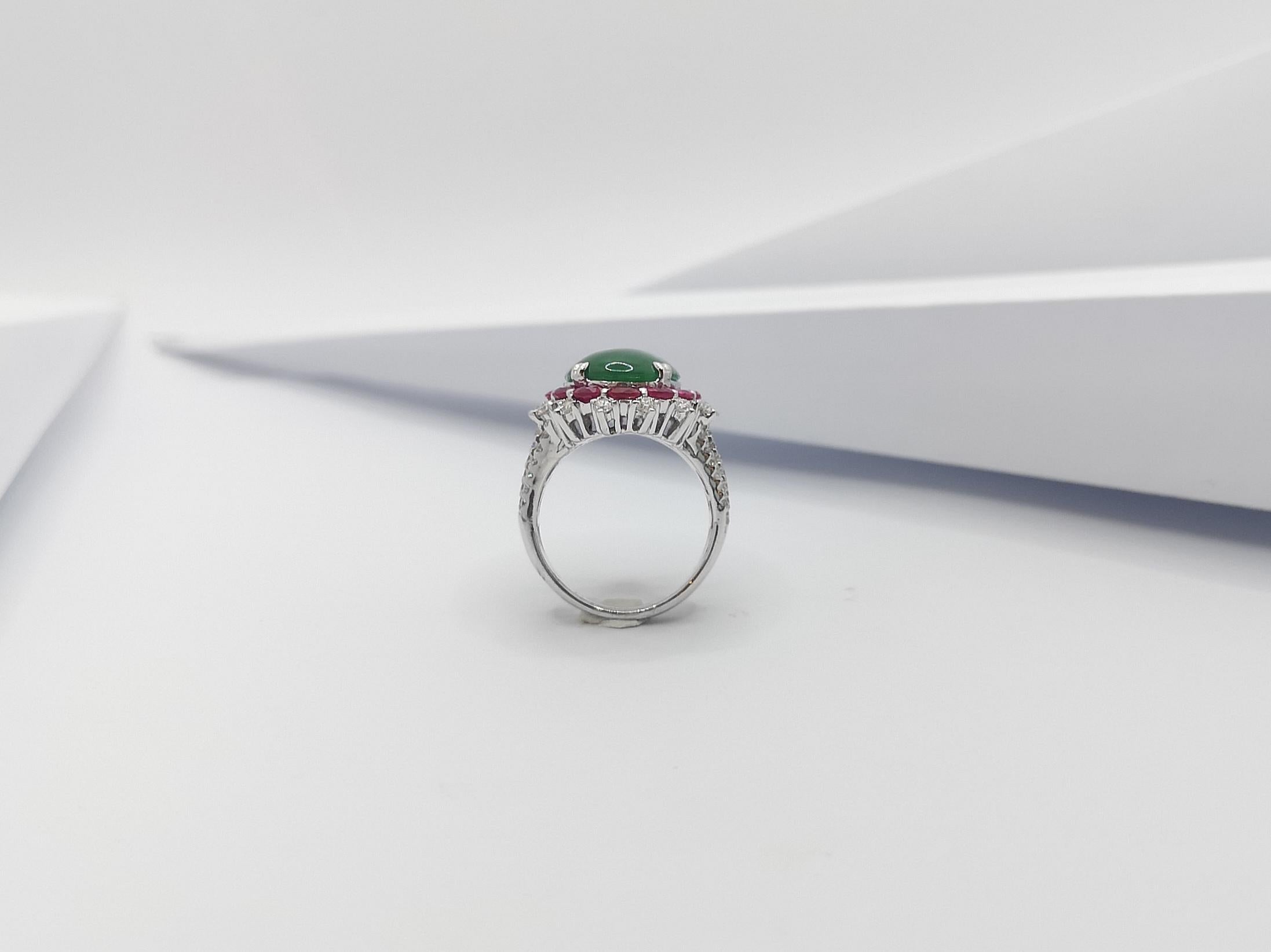 Jade with Ruby and Diamond Ring Set in 18 Karat White Gold Settings For Sale 6