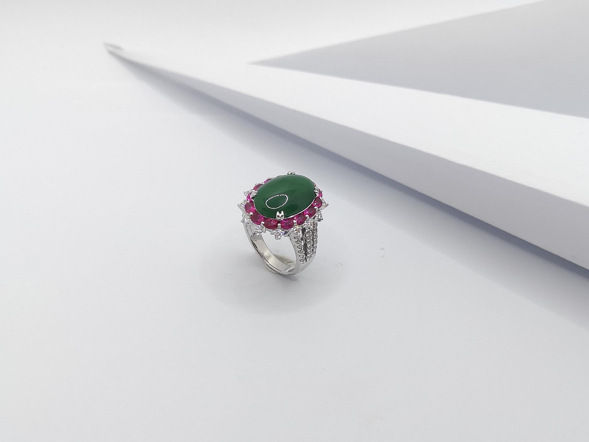 Jade with Ruby and Diamond Ring Set in 18 Karat White Gold Settings For Sale 7