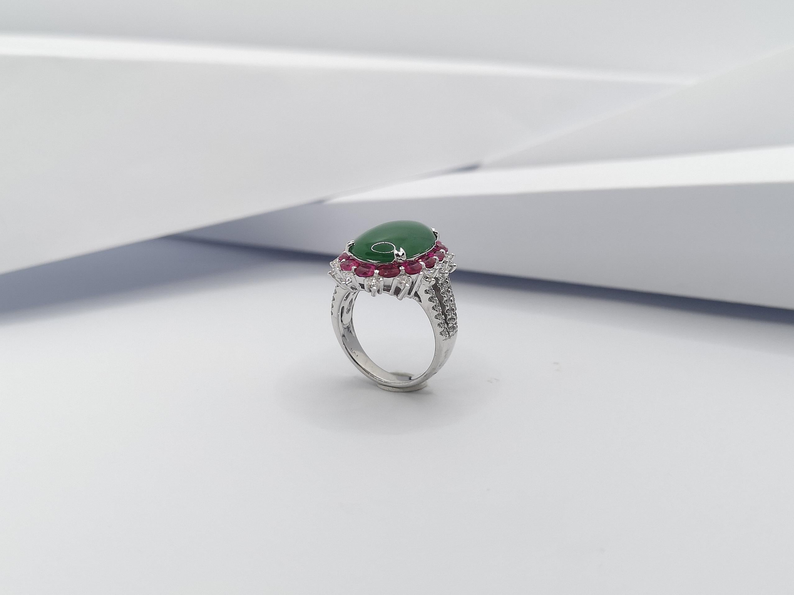 Jade with Ruby and Diamond Ring Set in 18 Karat White Gold Settings For Sale 8