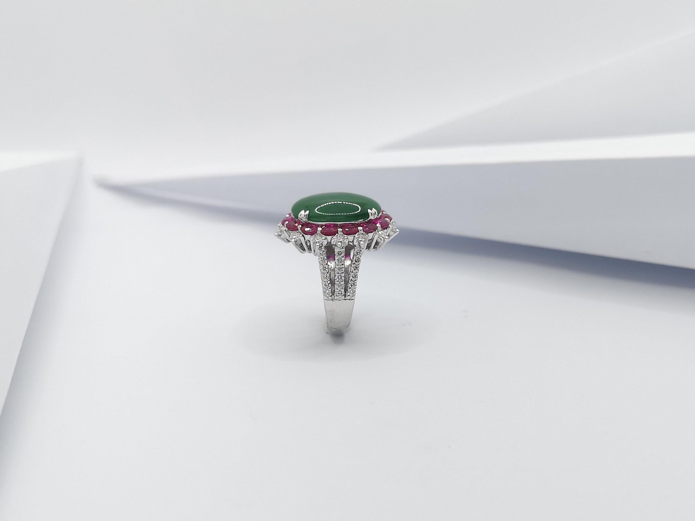 Jade with Ruby and Diamond Ring Set in 18 Karat White Gold Settings For Sale 9