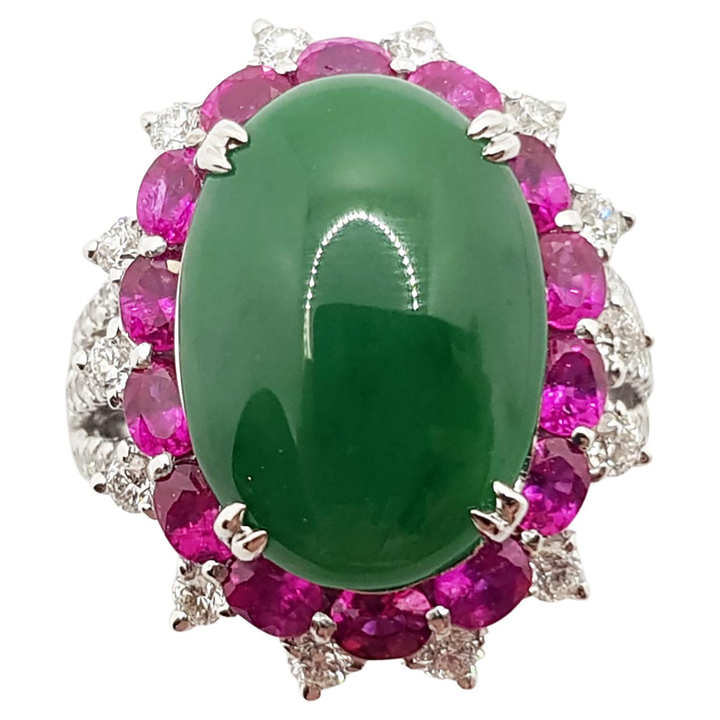 Jade with Ruby and Diamond Ring Set in 18 Karat White Gold Settings For Sale