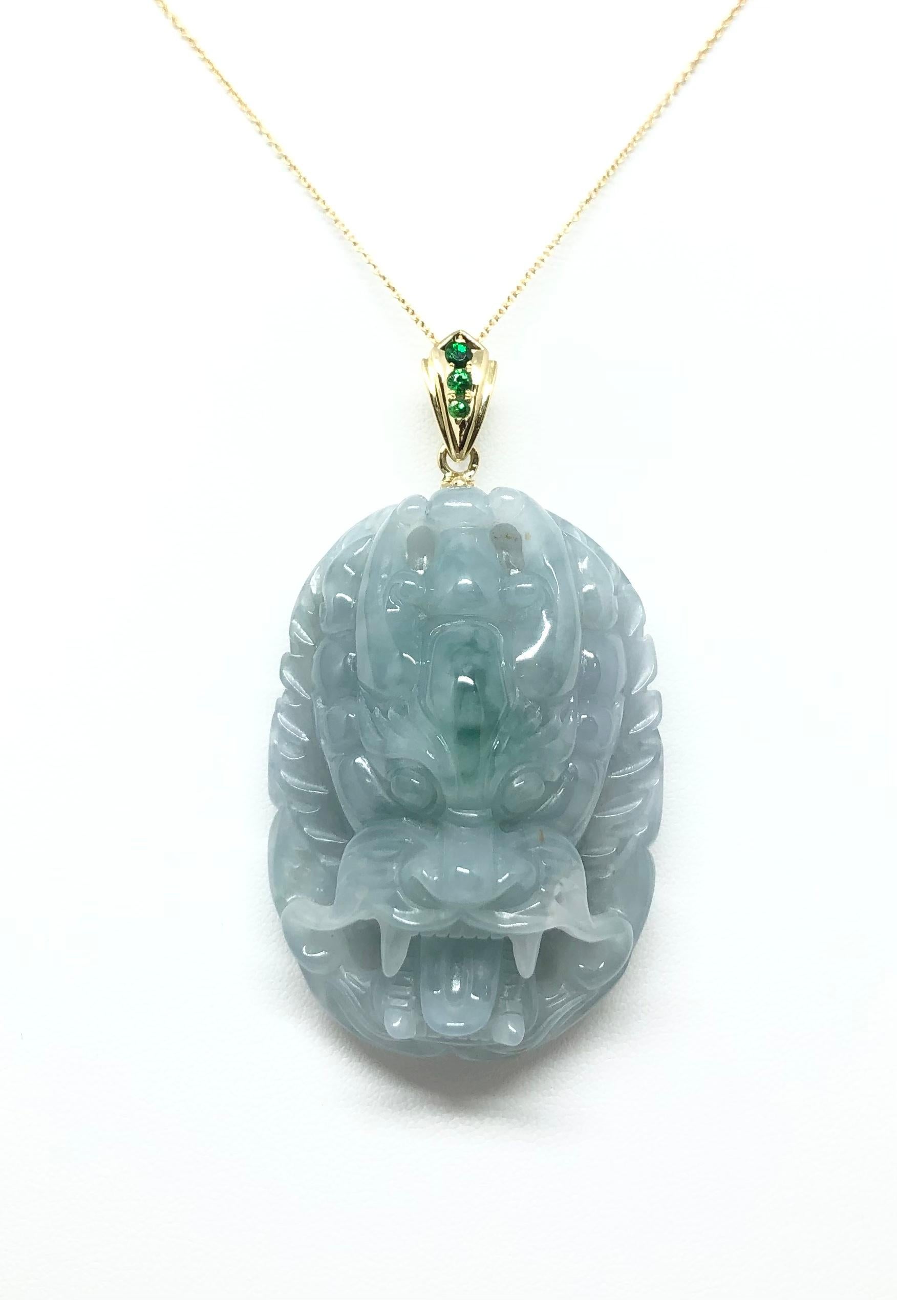 Jade with Tsavorite 0.20 carat Pendant set in 18 Karat Gold Settings
(chain not included)

Width: 3.8 cm 
Length: 6.3 cm
Total Weight: 65.57 grams

