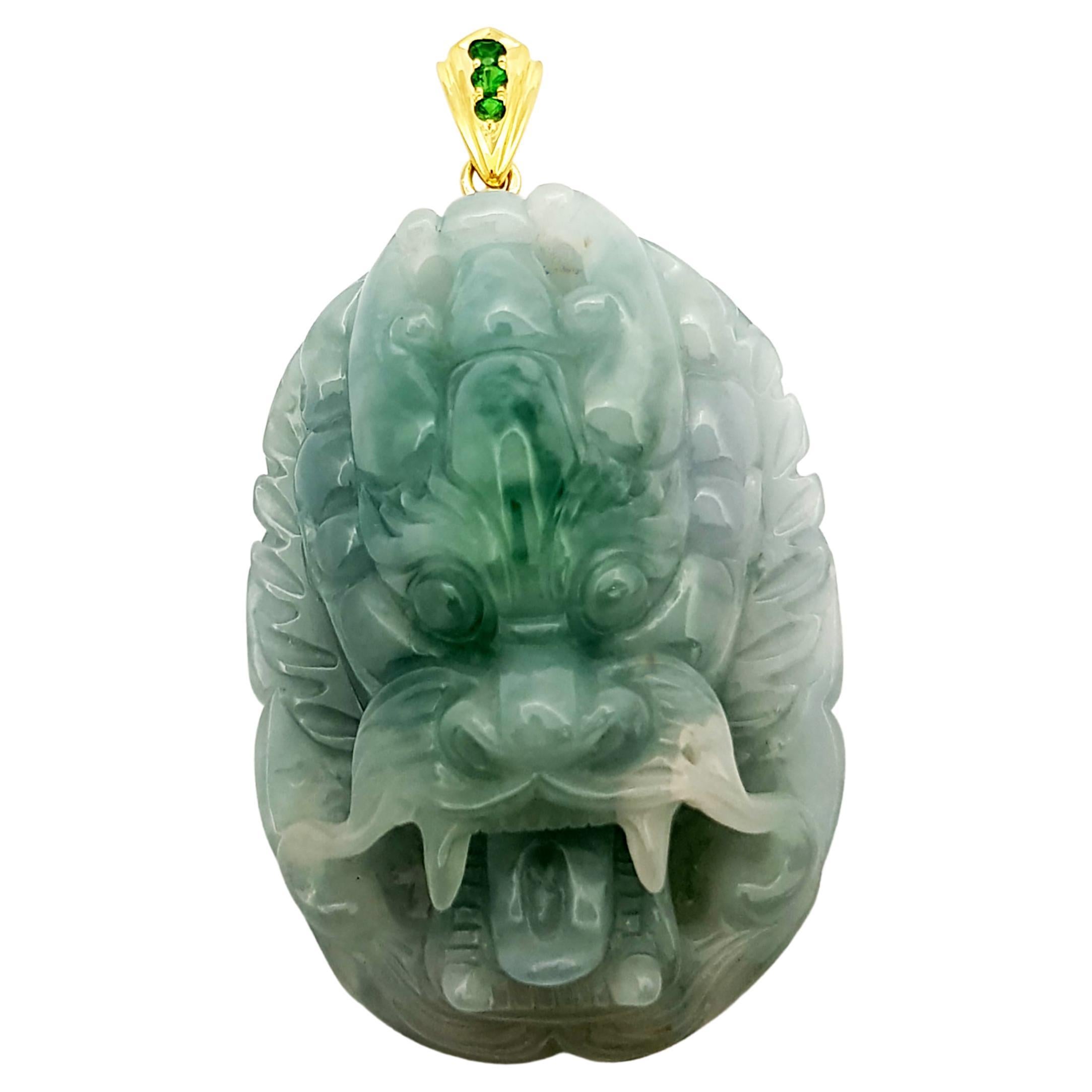 Jade with Tsavorite Pendant Set in 18 Karat Gold Settings For Sale