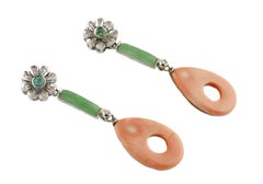 Green Jade, Emeralds, Diamonds, Pink Coral, White Gold Flowers Drop Earrings