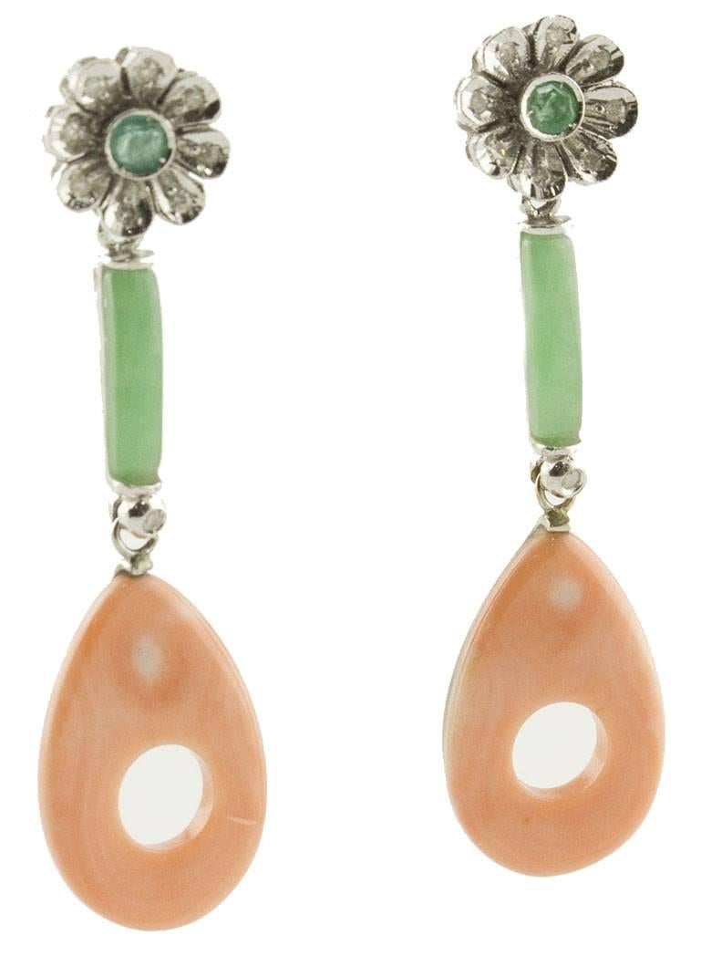 Retro Green Jade, Emeralds, Diamonds, Pink Coral, White Gold Flowers Drop Earrings For Sale
