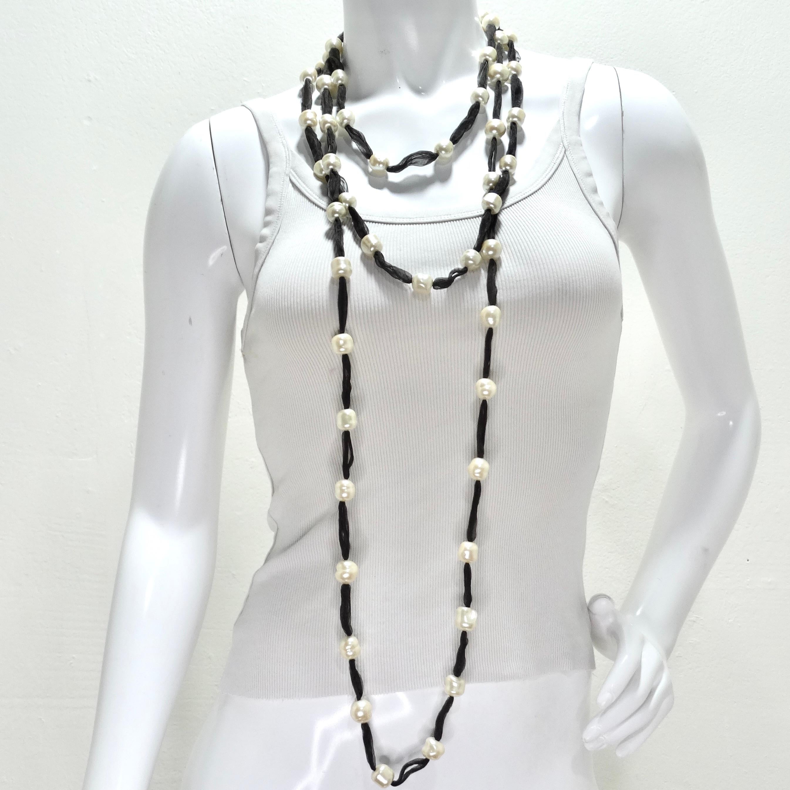 Mixed Cut Jaded Jewels Set of 2 Long Freshwater Pearl Ribbon Necklaces For Sale