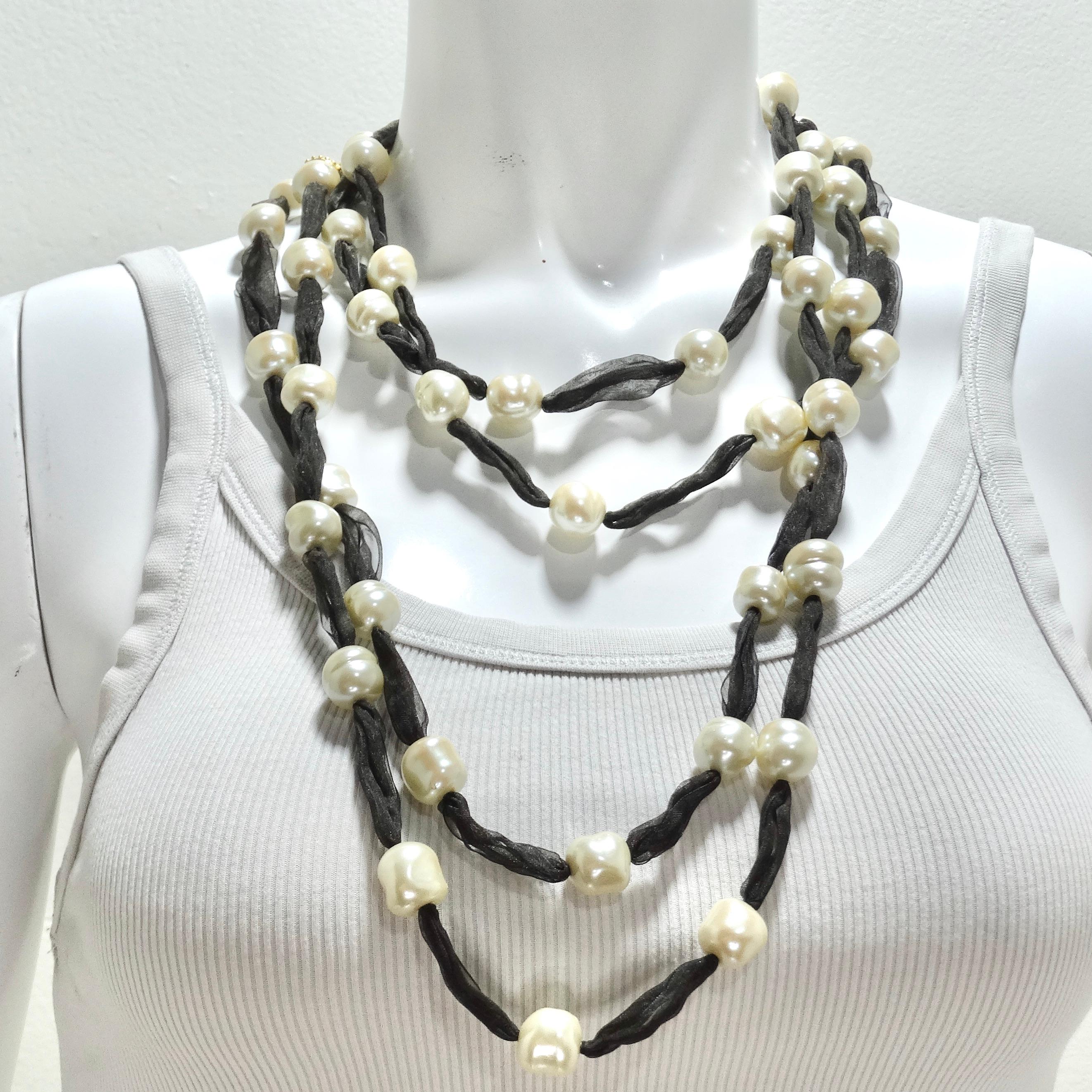 Jaded Jewels Set of 2 Long Freshwater Pearl Ribbon Necklaces In Excellent Condition For Sale In Scottsdale, AZ