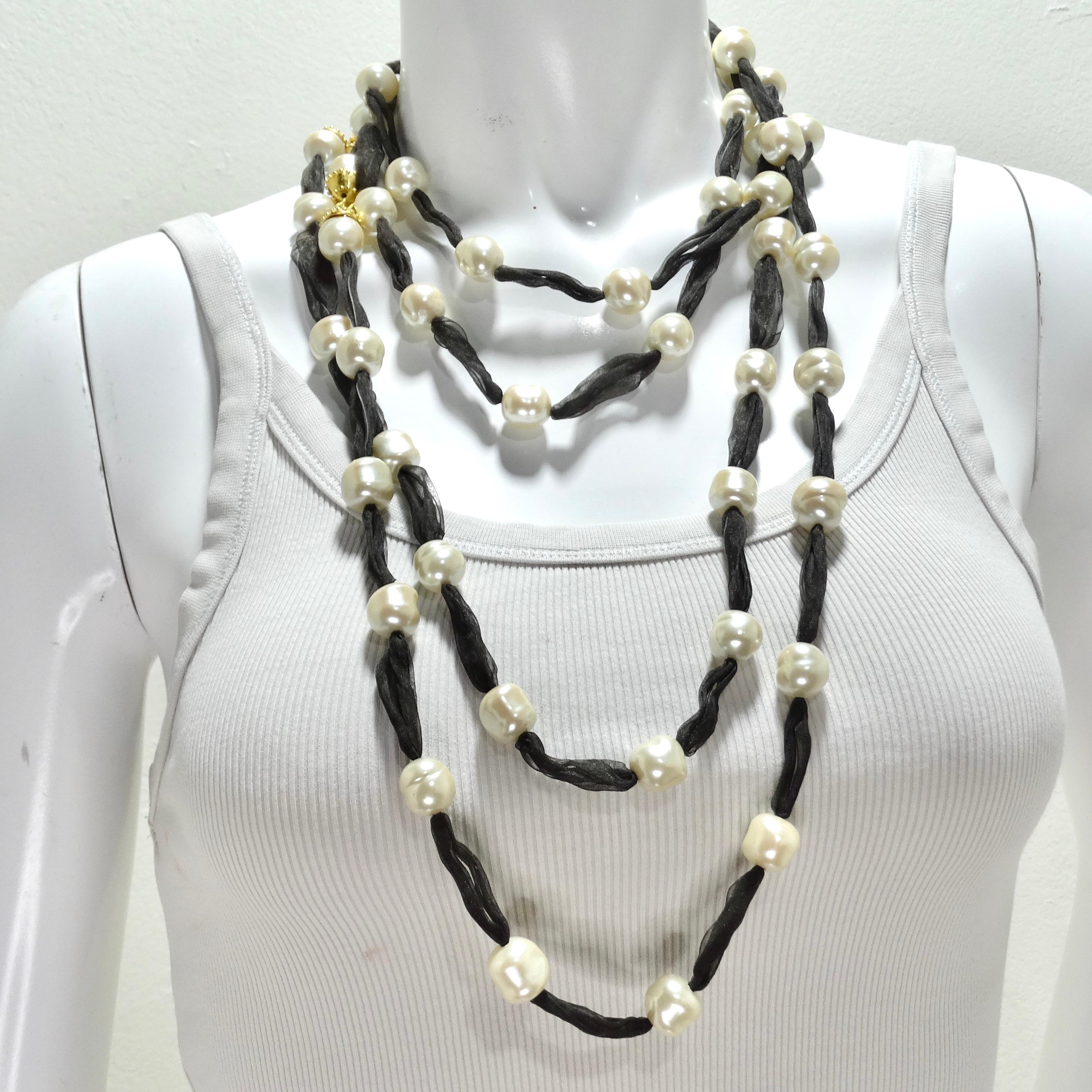 Women's or Men's Jaded Jewels Set of 2 Long Freshwater Pearl Ribbon Necklaces For Sale