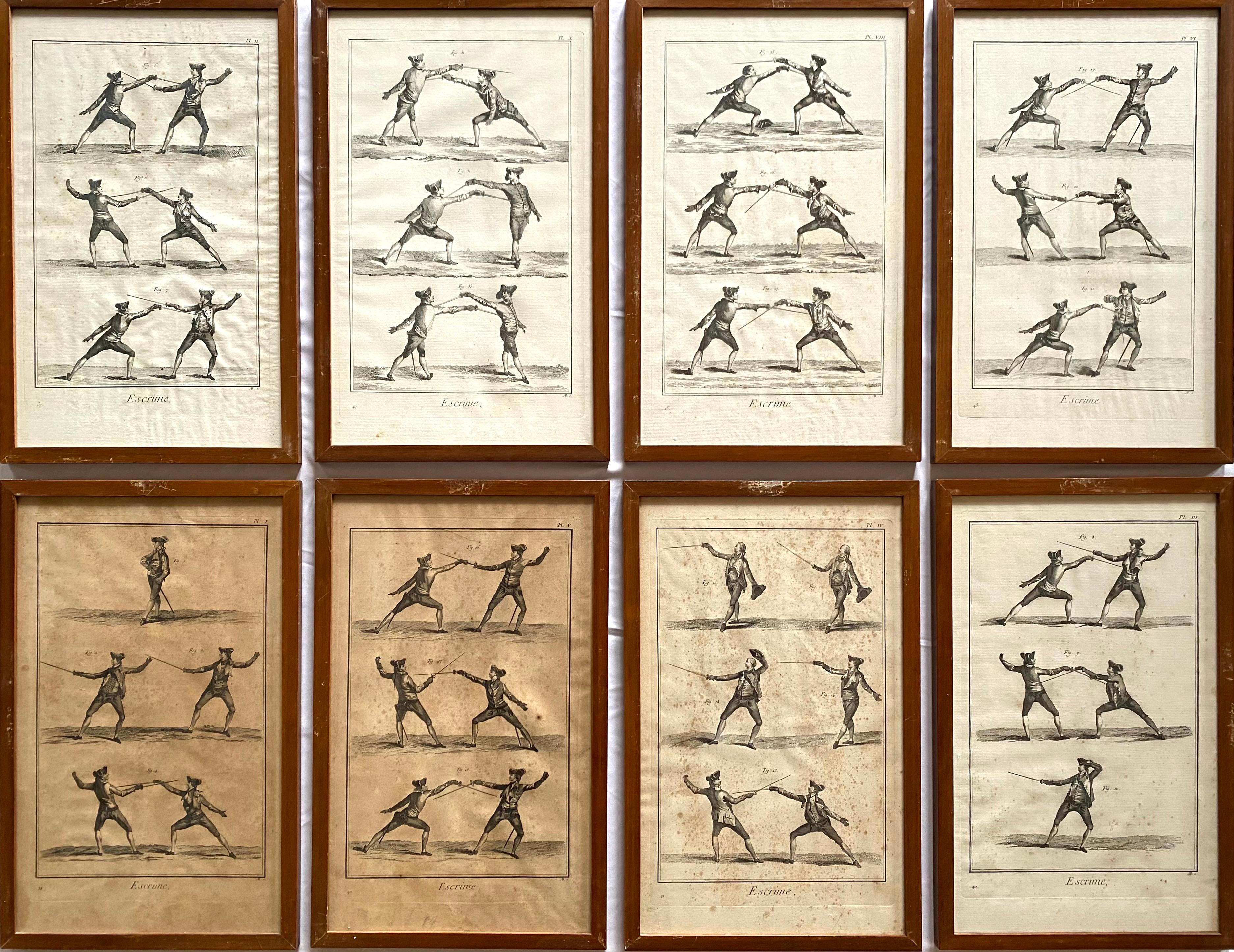 Set of 8 framed prints showing various fencing positions displayed by one or two men with rapiers or foils.

Wooden frame.

These engravings originate from the plate volume titled: ‘Recueil de Planches, sur les Sciences, les Arts Liberaux, et