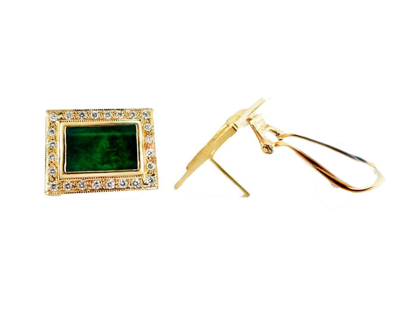 Jadeite and Diamond Earrings
Vintage earrings from estate are a great find and in great condition to be clean and sparkling upon your arrival.

Jade measures 14.30 x 9.20 x 3.60 mm in diameter and is rectangular in shape
The complete earring 21.70 x
