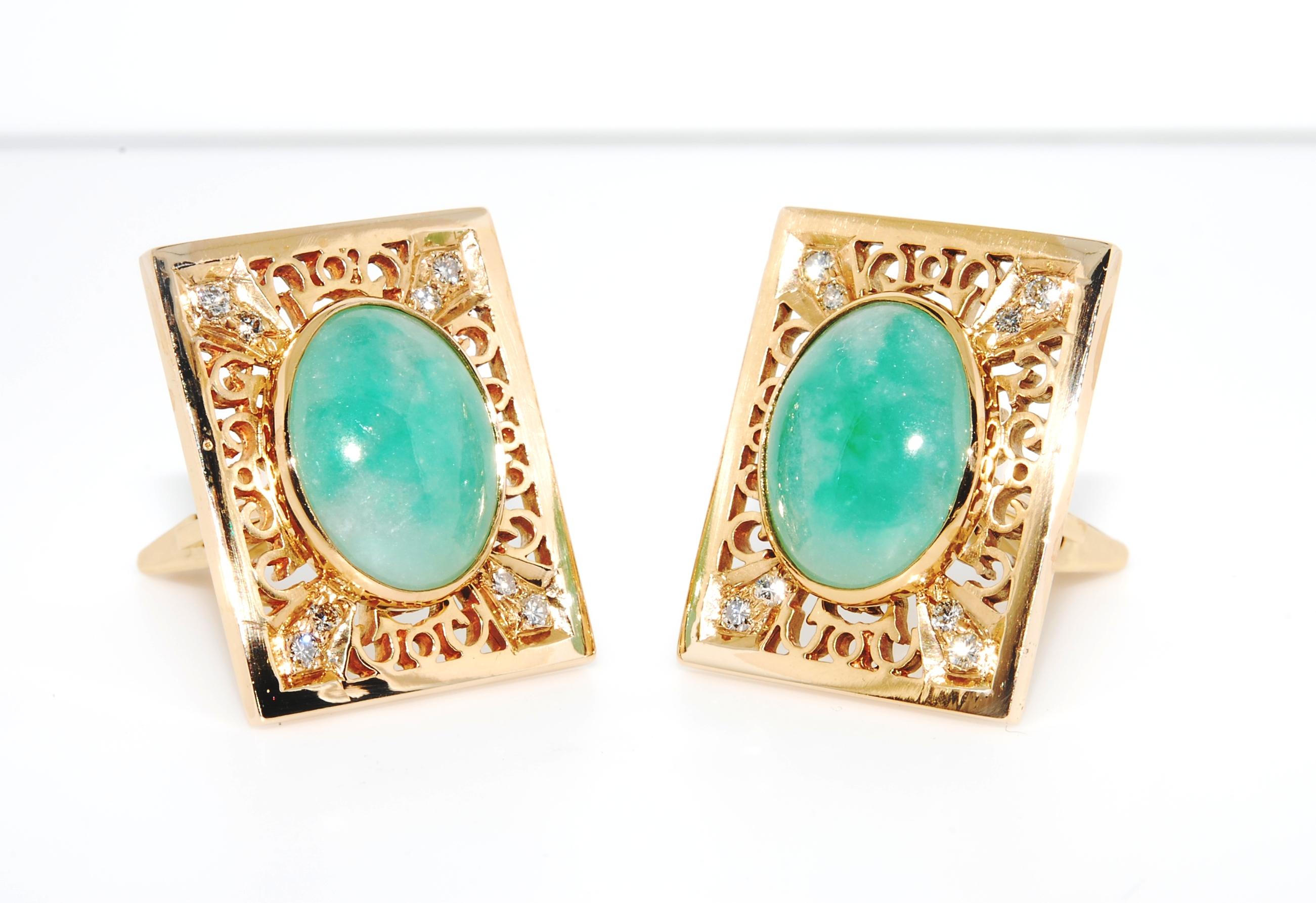 Beautiful pair of high-end cuff-links that measure 25.38 mm's X 20 mm's. Each holds an oval Jadeite 16 x 12 mm's that are bezel-set.  4 -- 1.75 mm round full cut diamonds and 4 --- 1.5 mm full cut diamonds. Total diamond weight is 0.28 carats.....G