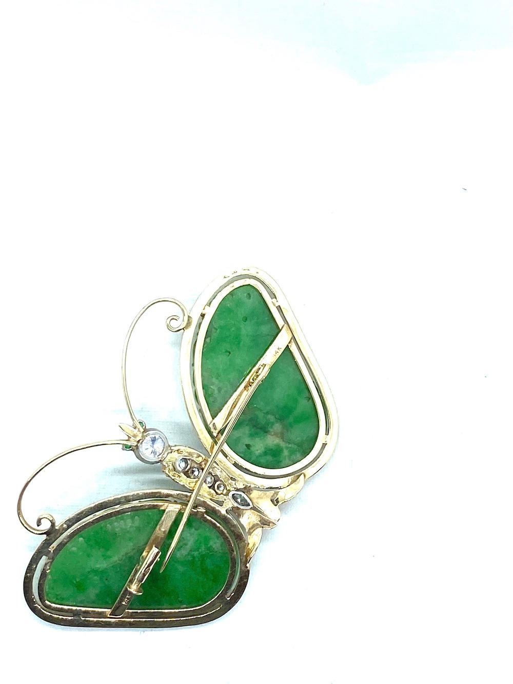 Art Deco Jadeite and Diamond Butterfly Pin or Brooch Platinum and Yellow Gold