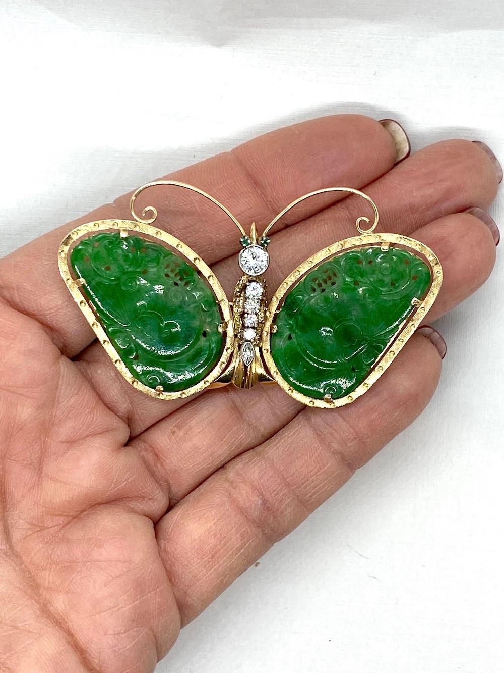 Shield Cut Jadeite and Diamond Butterfly Pin or Brooch Platinum and Yellow Gold