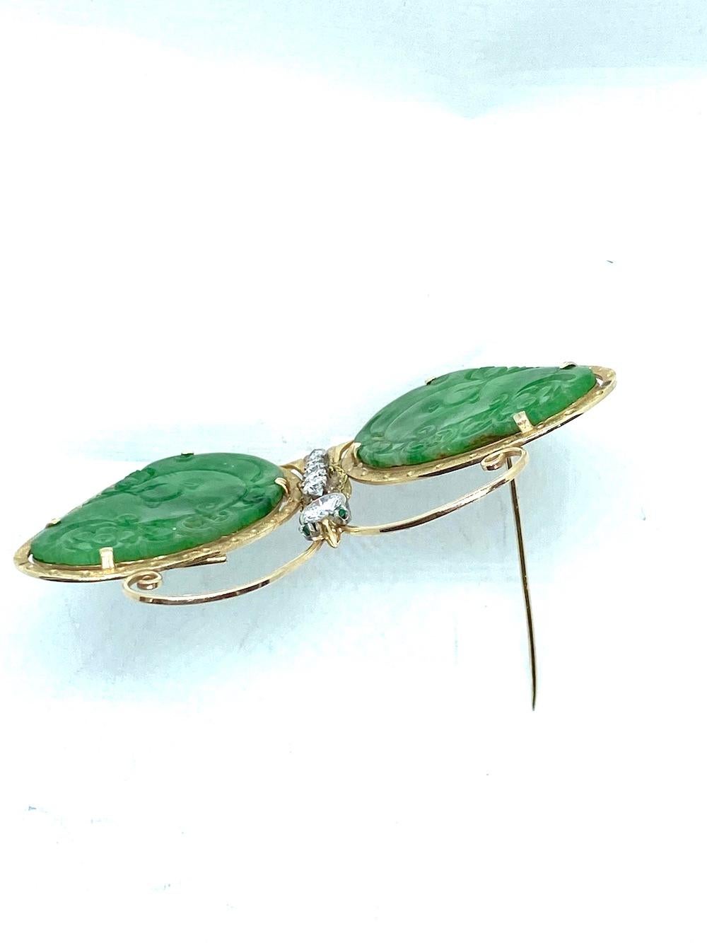 Jadeite and Diamond Butterfly Pin or Brooch Platinum and Yellow Gold In Good Condition In Laguna Hills, CA