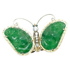 Antique Jadeite and Diamond Butterfly Pin or Brooch Platinum and Yellow Gold