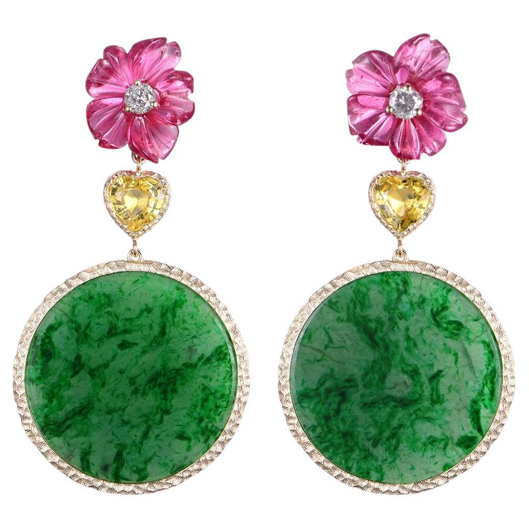 Jadeite and Tourmaline Drop Earring in 14 Karat Yellow Gold