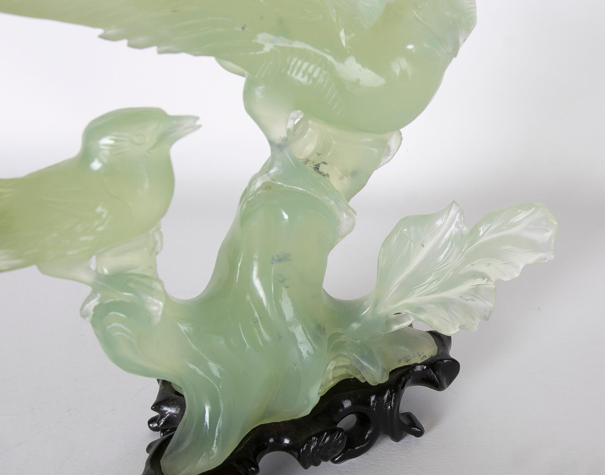 Jadeite Bird Figurine on Hand-Carved Trunk and Wooden Base For Sale 5